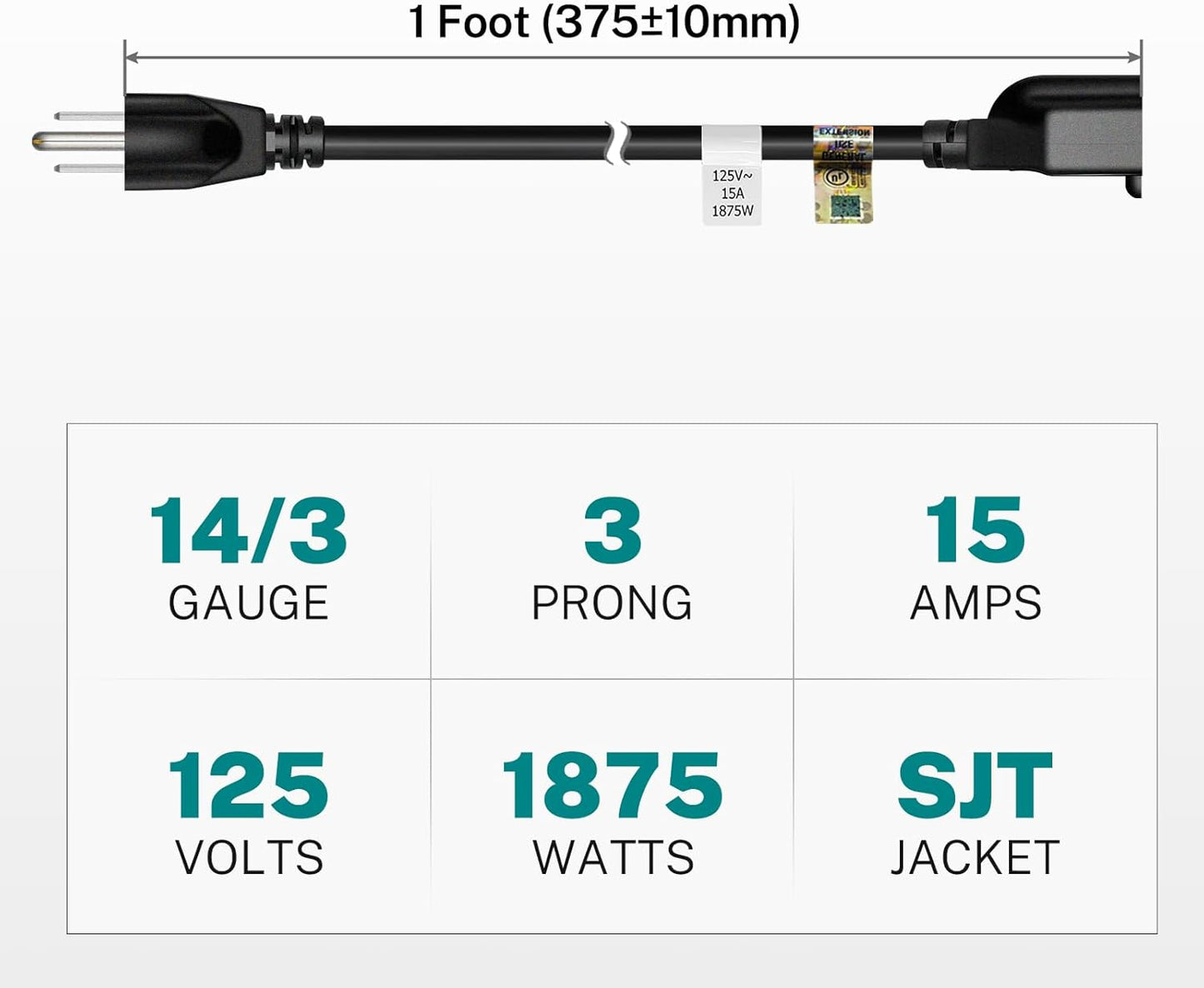 15 Amp 1-Foot 3-Prong Extension Cord - 14 Gauge, 1875W, Black - FIRMERST