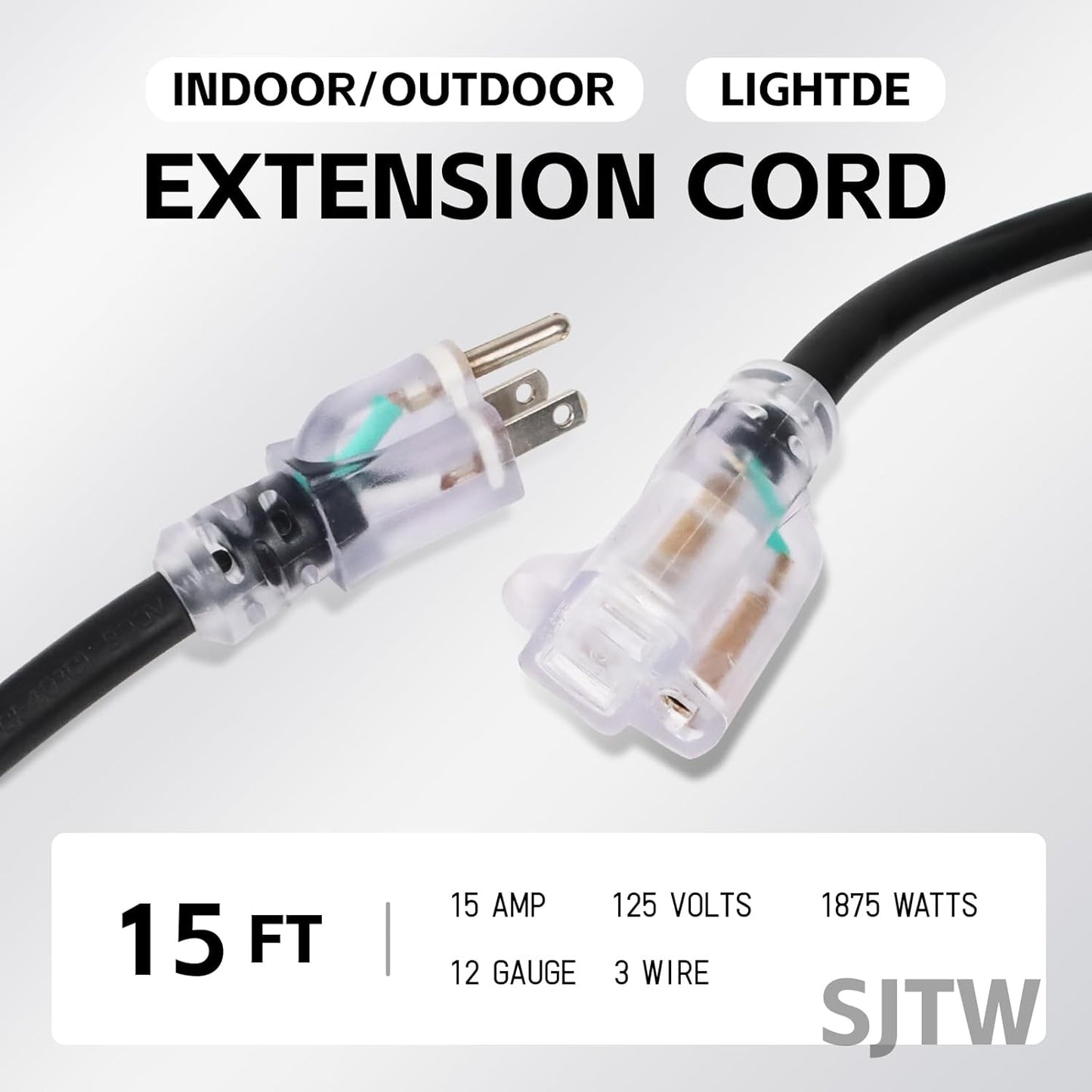 15 Foot Lighted Outdoor Extension Cord - Heavy Duty 12/3 SJTW Black Cable with Grounded Plug for Lawn, Garden, Appliances