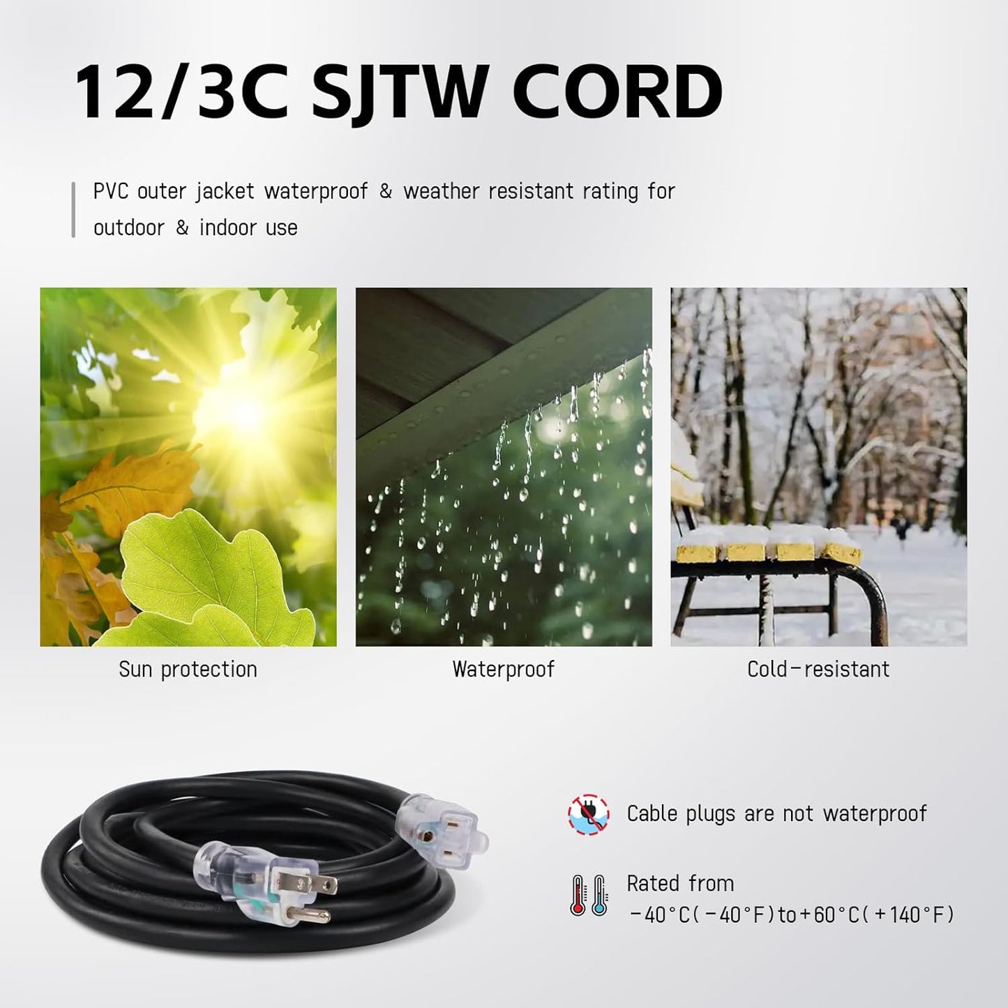 15 Foot Lighted Outdoor Extension Cord - Heavy Duty 12/3 SJTW Black Cable with Grounded Plug for Lawn, Garden, Appliances