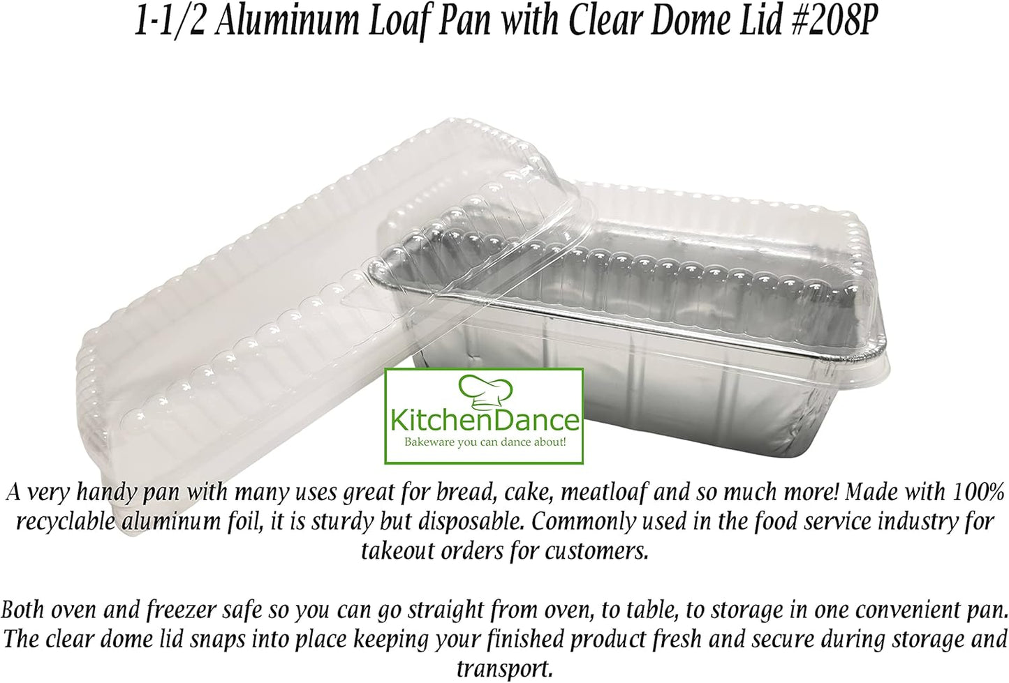 1.5 lb Disposable Aluminum Loaf Pan with Plastic Lid (208 Pack) - Baking/Cooking Pans for Bread, Cake - KitchenDance Foil Pans