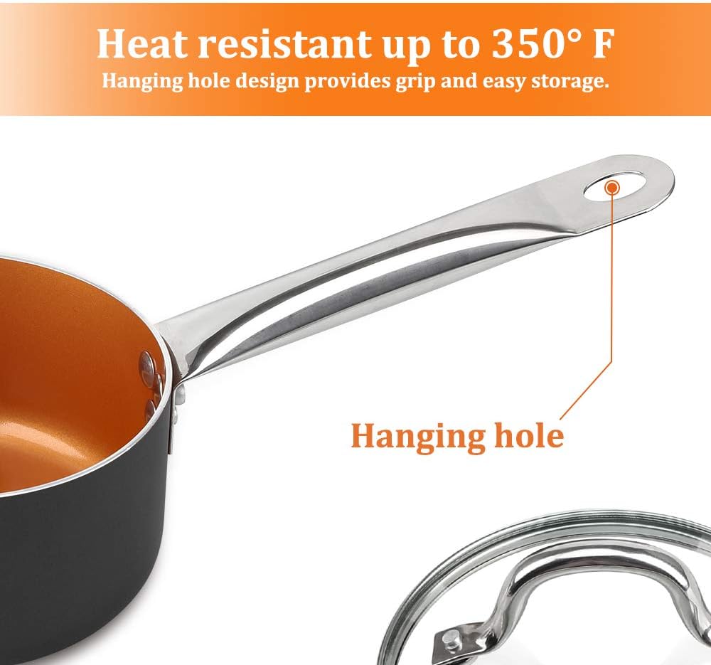 1.5 qt. Copper Nonstick Saucepan with Lid, Ceramic Mini Saute Pan - Ideal for 1 Person Meal - Induction, Gas, Electric Stovetops - Black