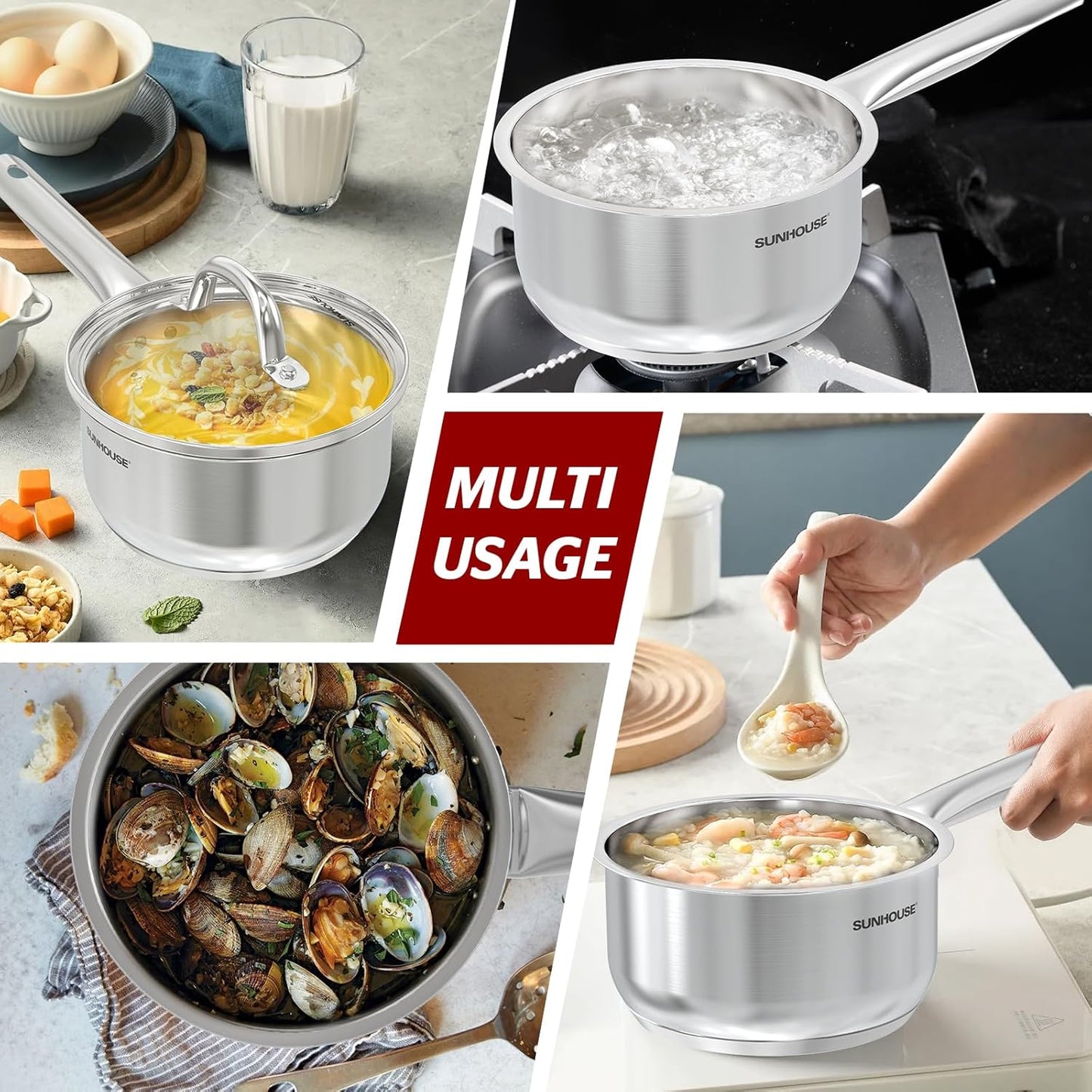 1.5 Quart Stainless Steel Sauce Pan with Lid, Stay-Cool Handle, Dishwasher Safe - Compatible with All Cooktops