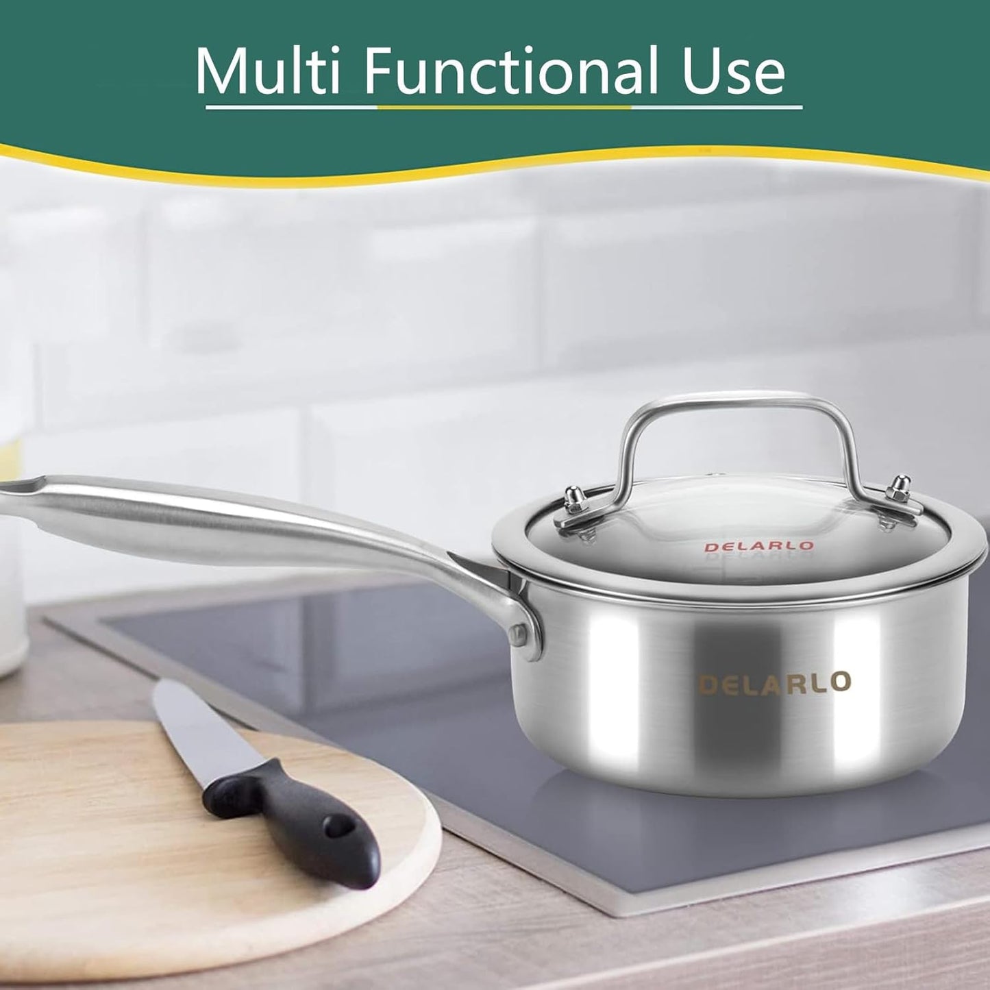 1.5 Quart Tri-Ply Stainless Steel Saucepan with Lid - All Stove Compatible, Heavy Duty Saucier Pot