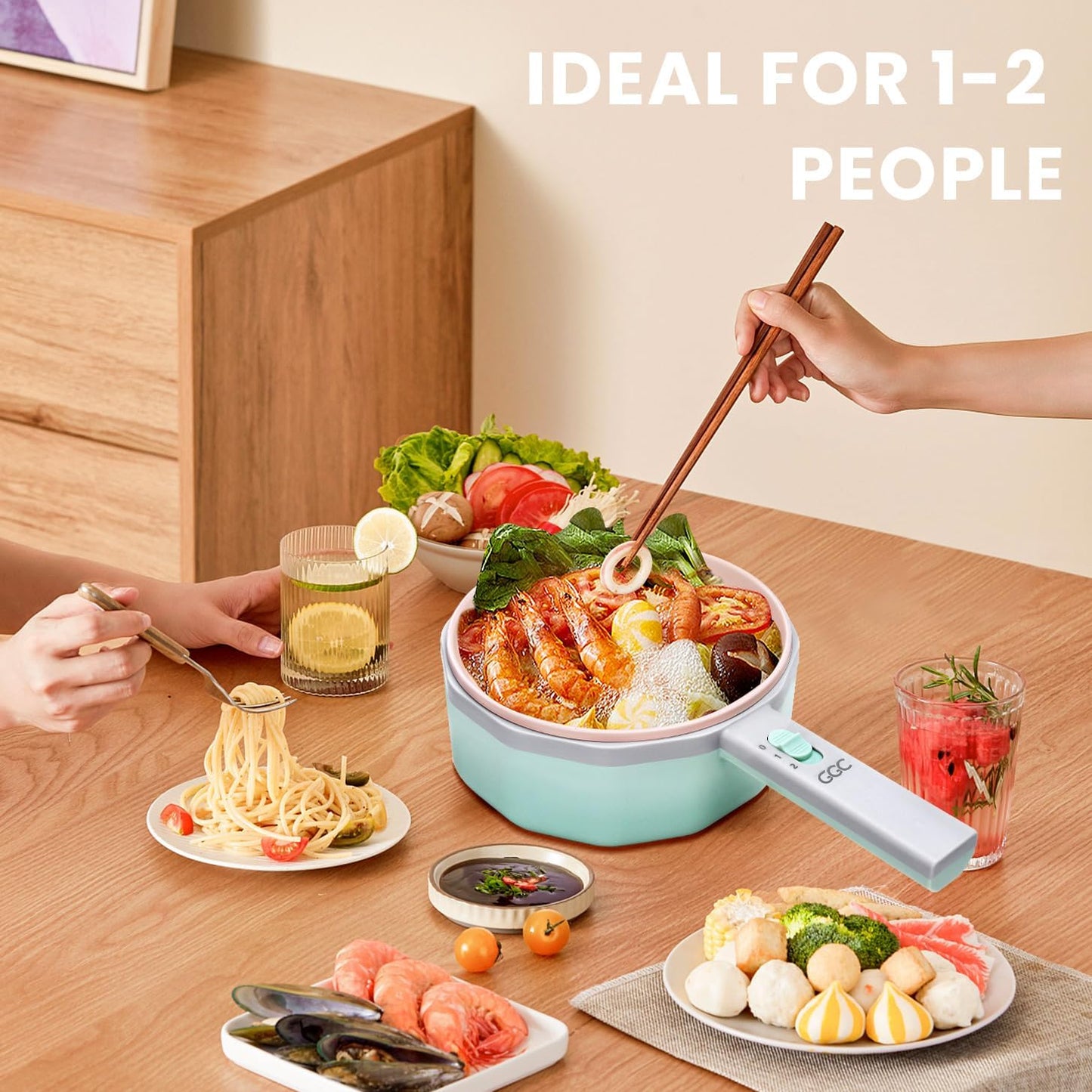 1.5L GGC Electric Hot Pot with Steamer for Cooking Ramen, Steak, Fried Rice, Oatmeal, and Soup - Portable Cooker for Dorms - Power Adjustable