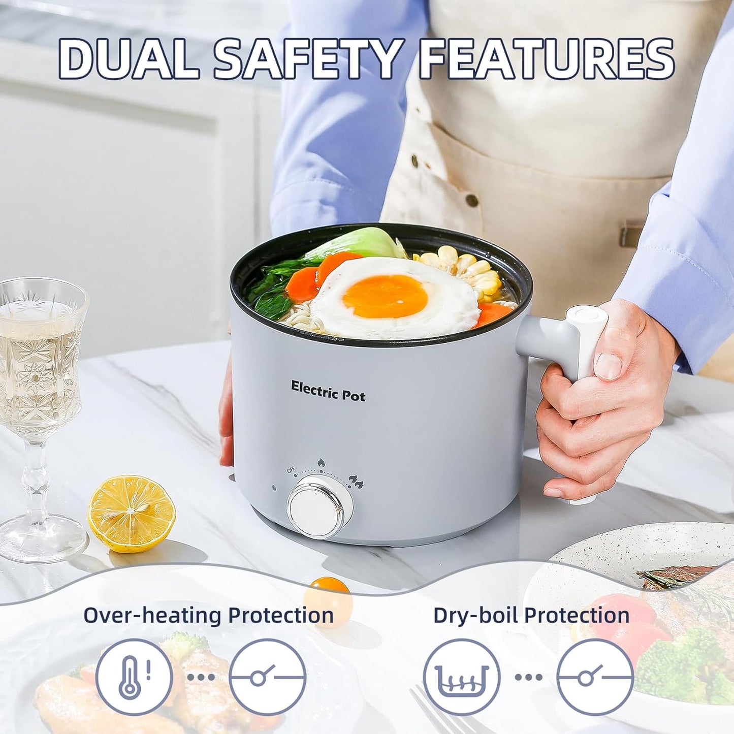 1.5L YOOLYQI Electric Hot Pot: Portable Ramen Cooker for Pasta, Noodles, Soup - Non-Stick, Boil Dry Protection - Ideal for Dorm & Office - Grey