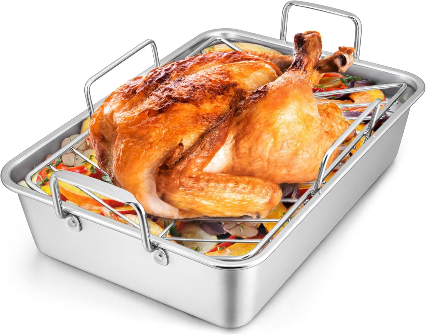 16 Inch Stainless Steel Roasting Pan with V-Shaped Rack for Turkey, Chicken, and Lasagna - Dishwasher Safe
