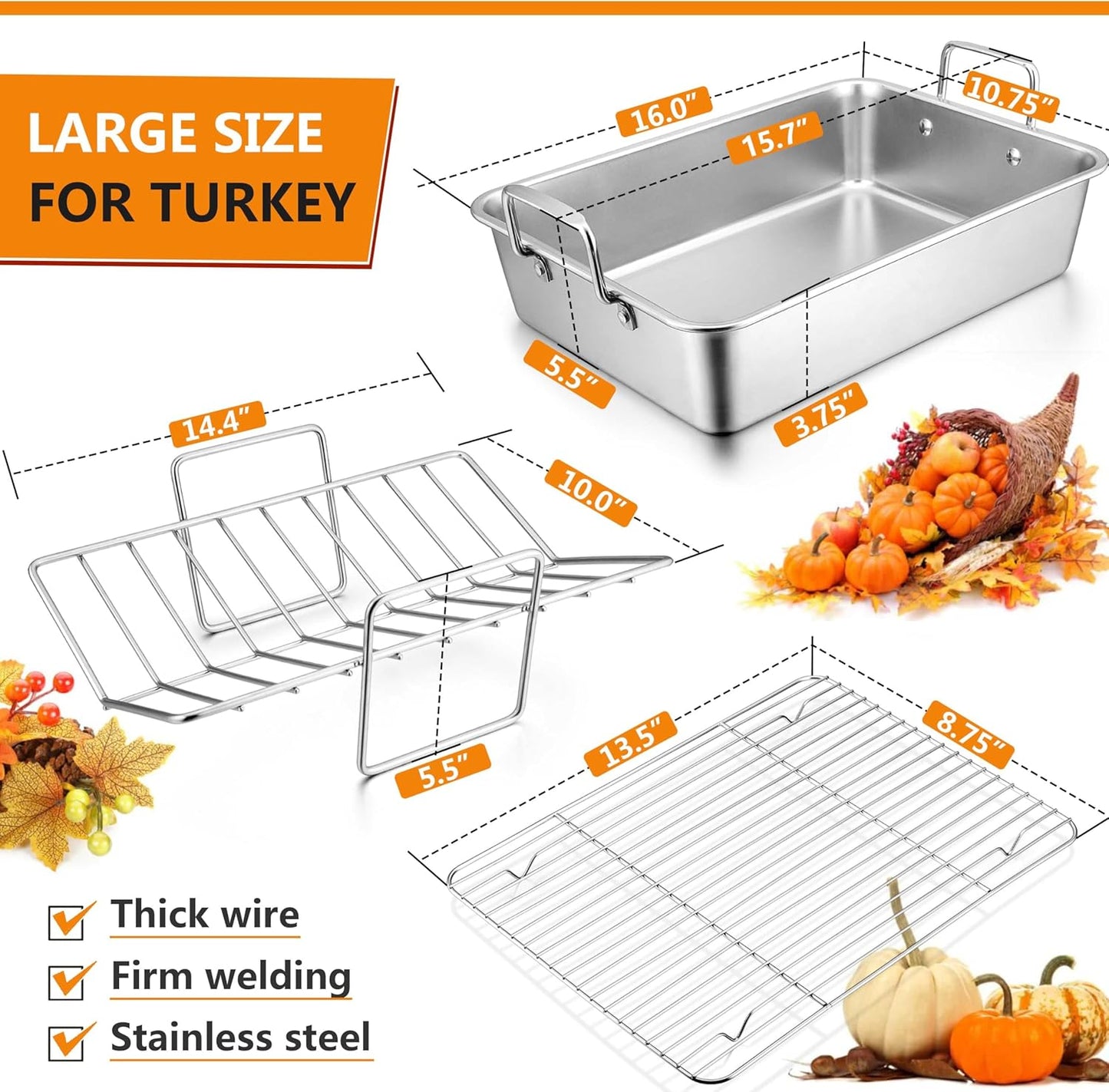 16 Inch Stainless Steel Roasting Pan with V-Shaped Rack for Turkey, Chicken, and Lasagna - Dishwasher Safe