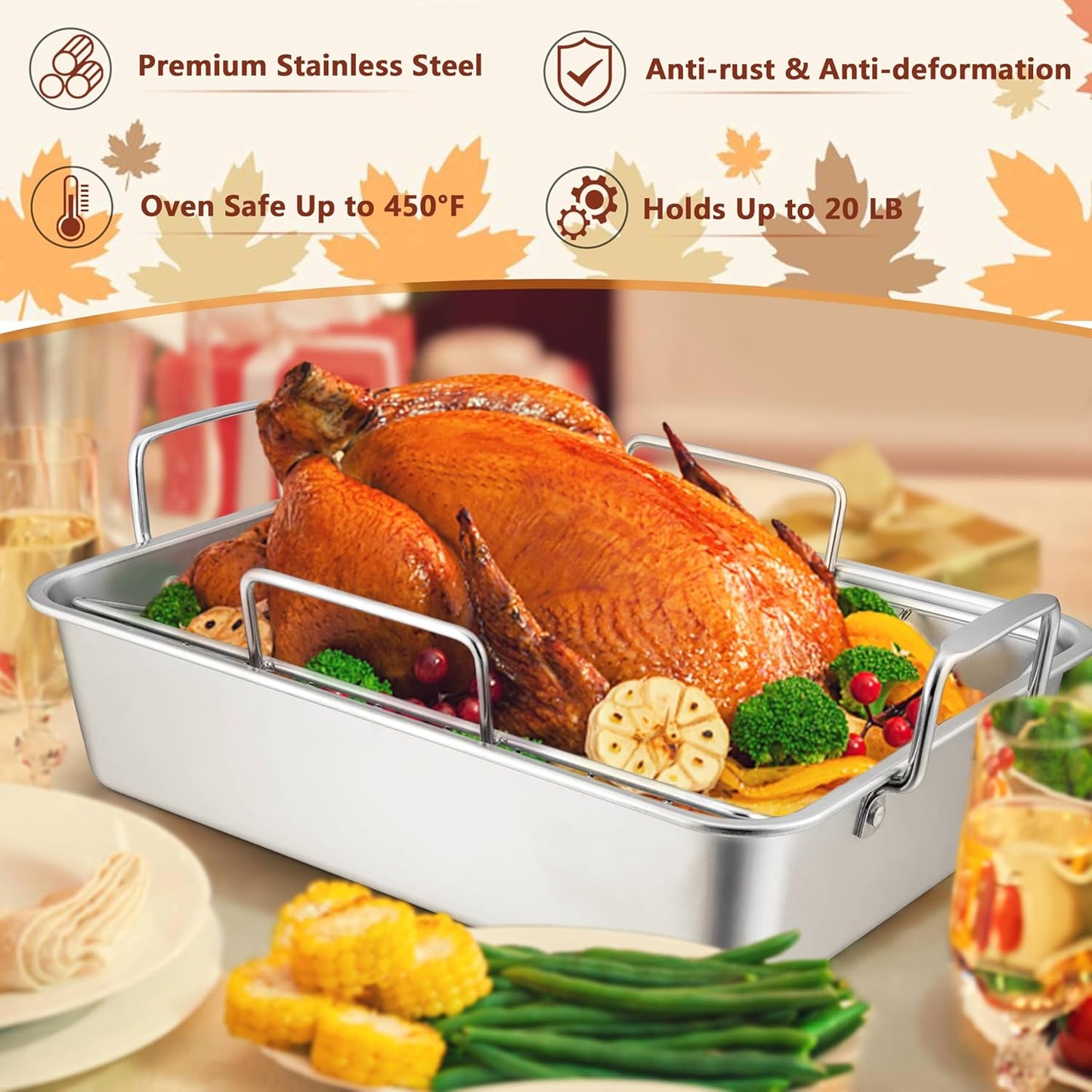 16 Inch Stainless Steel Roasting Pan with V-Shaped Rack for Turkey, Chicken, and Lasagna - Dishwasher Safe