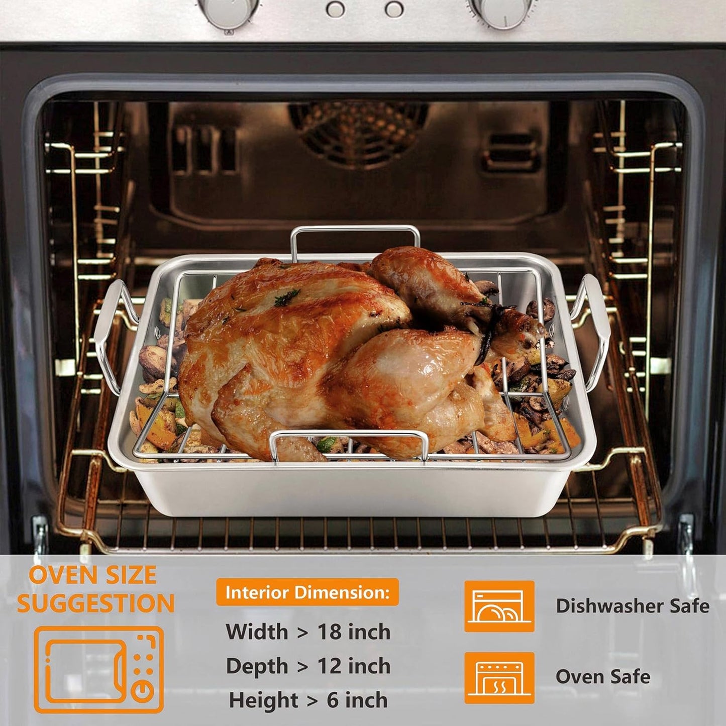 16 Inch Stainless Steel Roasting Pan with V-Shaped Rack for Turkey, Chicken, and Lasagna - Dishwasher Safe