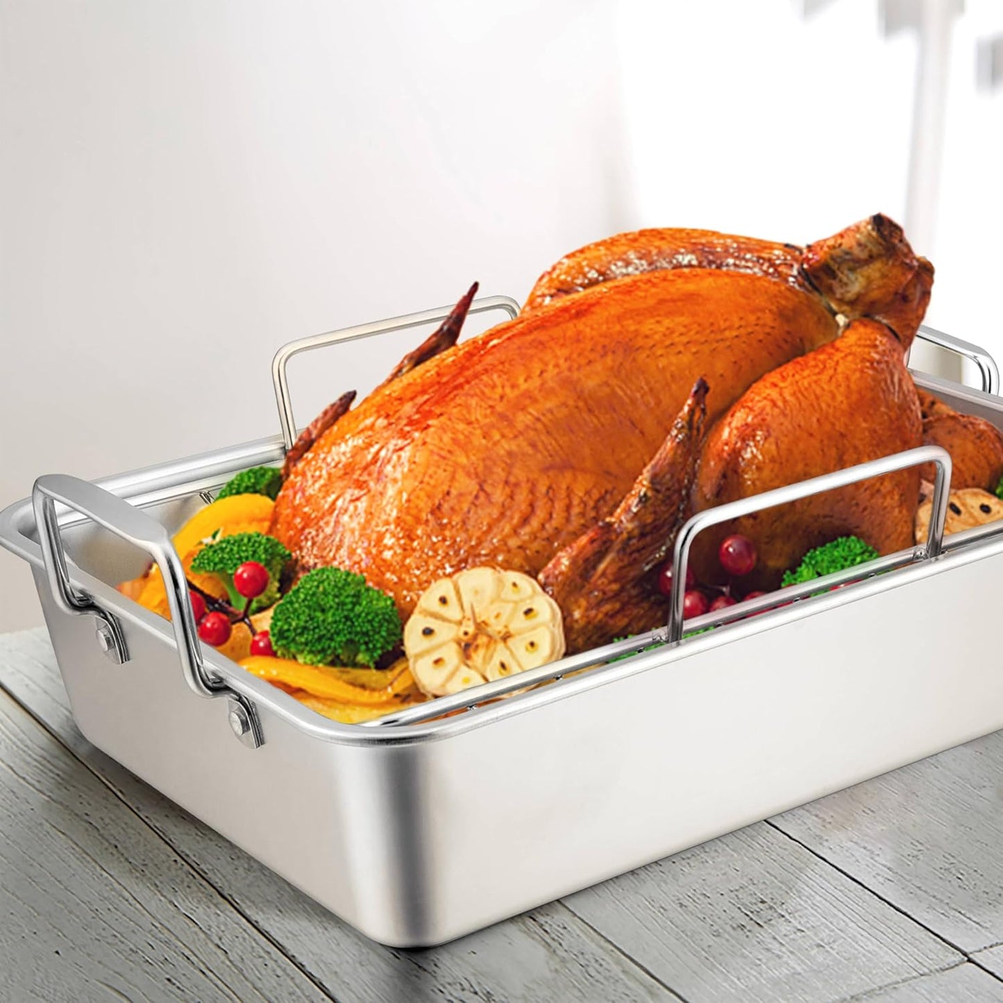 16 Inch Stainless Steel Roasting Pan with V-Shaped Rack for Turkey, Chicken, and Lasagna - Dishwasher Safe