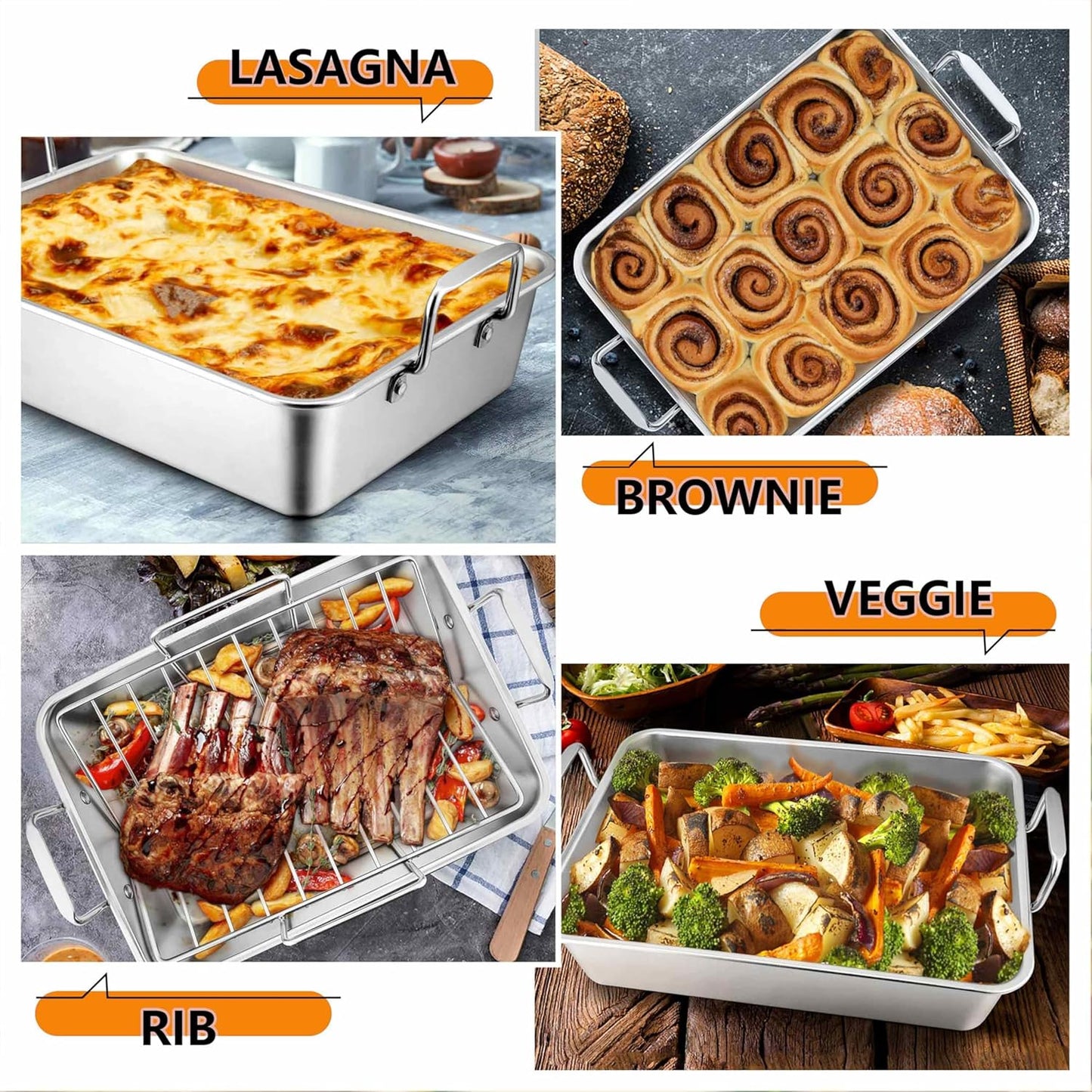 16 Inch Stainless Steel Roasting Pan with V-Shaped Rack for Turkey, Chicken, and Lasagna - Dishwasher Safe