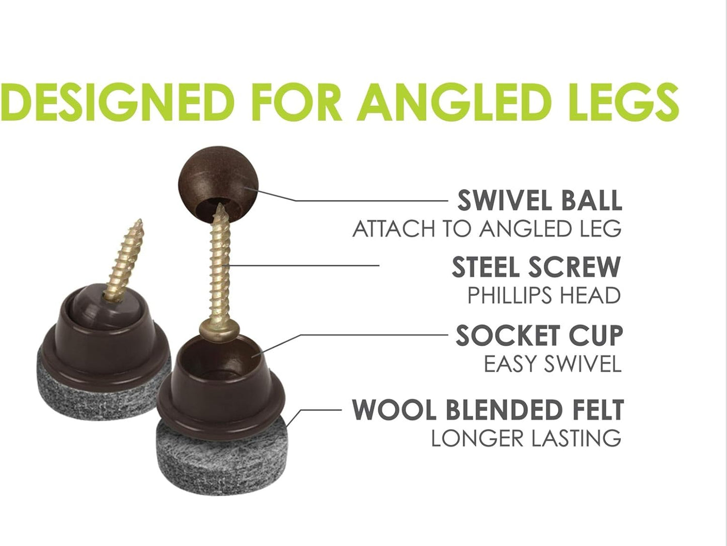 16 Pack Slipstick GorillaFelt Swivel Glide Felt Chair Sliders for Angled or Straight Furniture Legs - 1 Inch Round Felt Glides - CB259-16