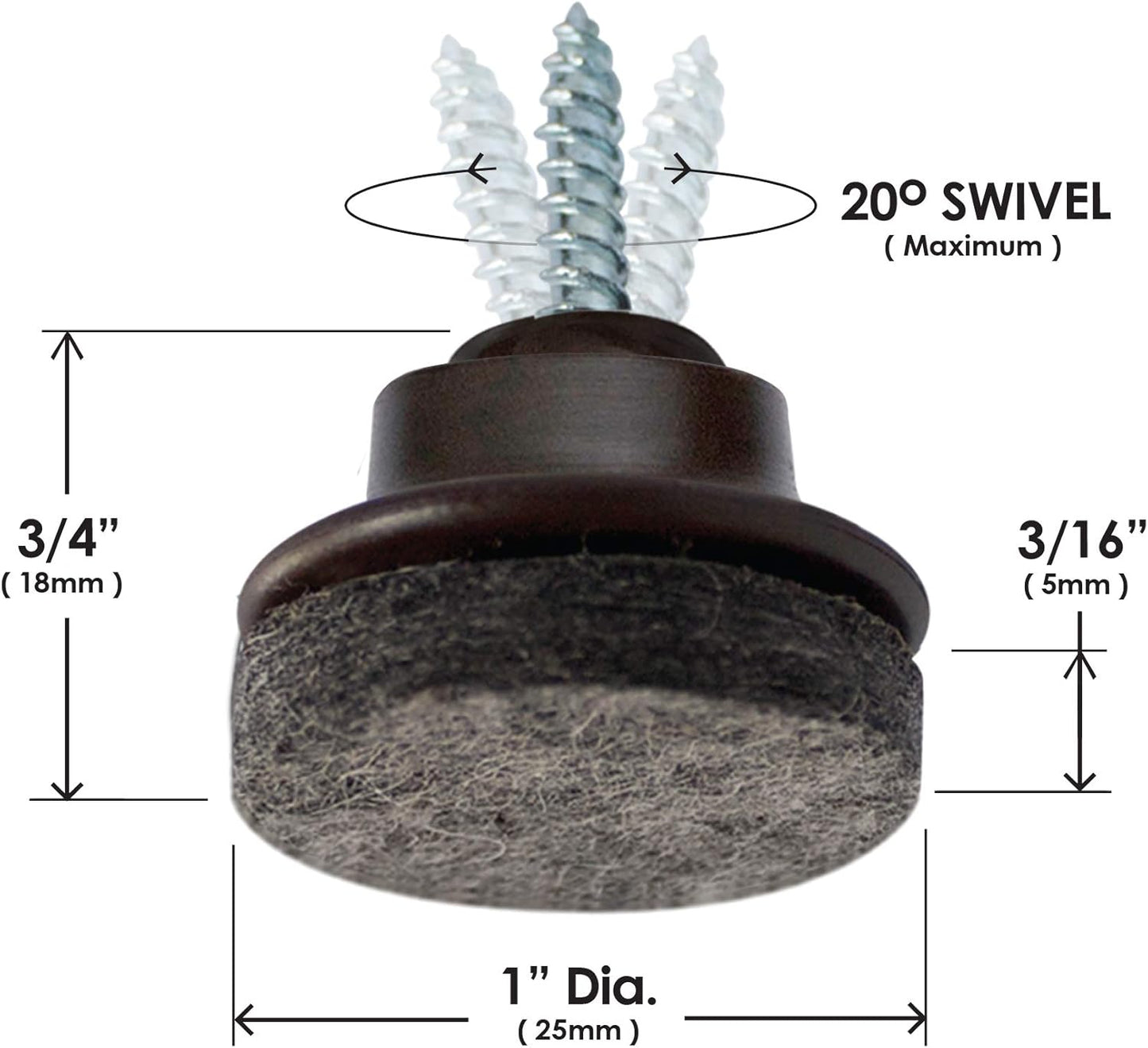 16 Pack Slipstick GorillaFelt Swivel Glide Felt Chair Sliders for Angled or Straight Furniture Legs - 1 Inch Round Felt Glides - CB259-16