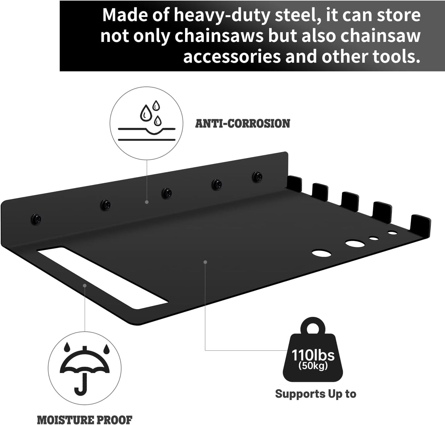 16.5" Chainsaw Wall Mount Hanger Hook Rack Shelf Stand - Black Metal Floating Shelf for Garage Organization Storage