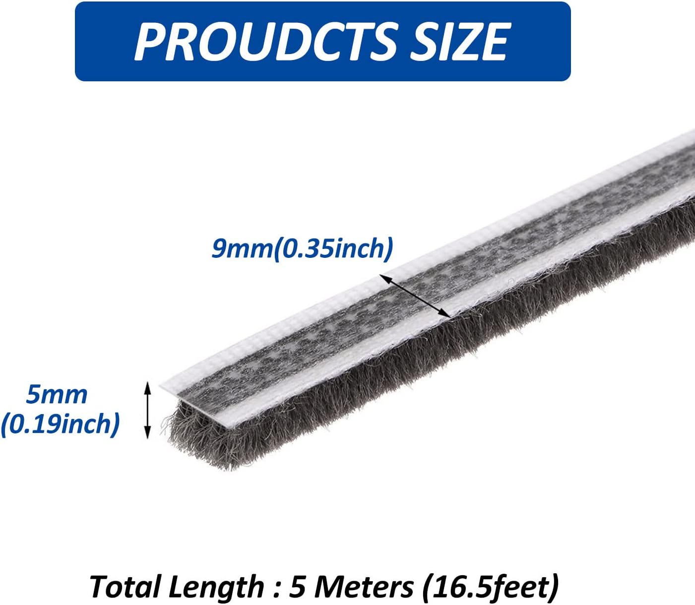 16.5FT Brush Weather Stripping for Sliding Windows/Glass Doors - Self Adhesive Seal Strip Draft Stoppers - 11/32" Wide X 3/16" Thick