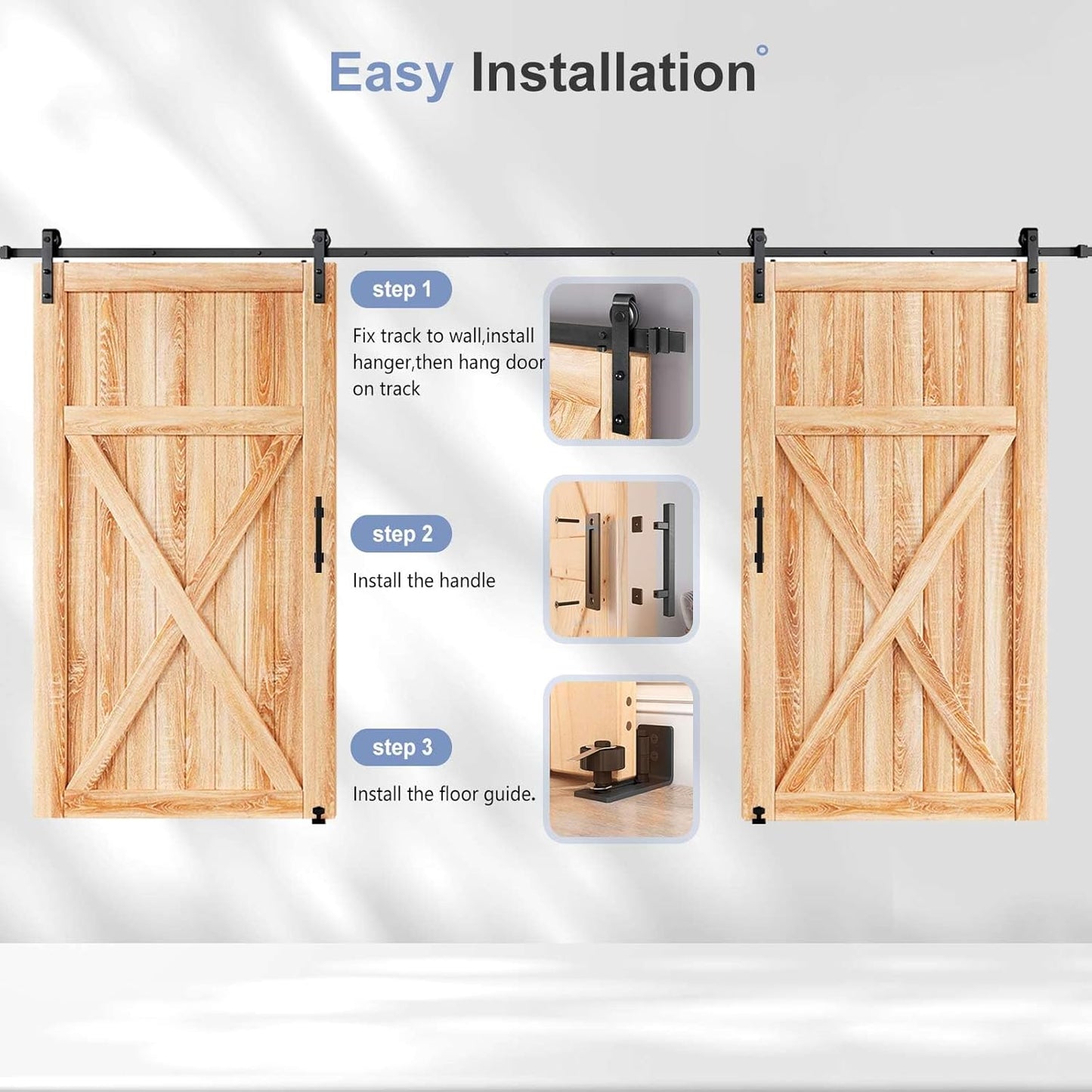 16FT Double Sliding Barn Door Track and Handle Hardware Kit - Heavy Duty J Pulley, Smooth and Quiet Slide, Easy Installation - Fits 44" to 48" Wide Doors