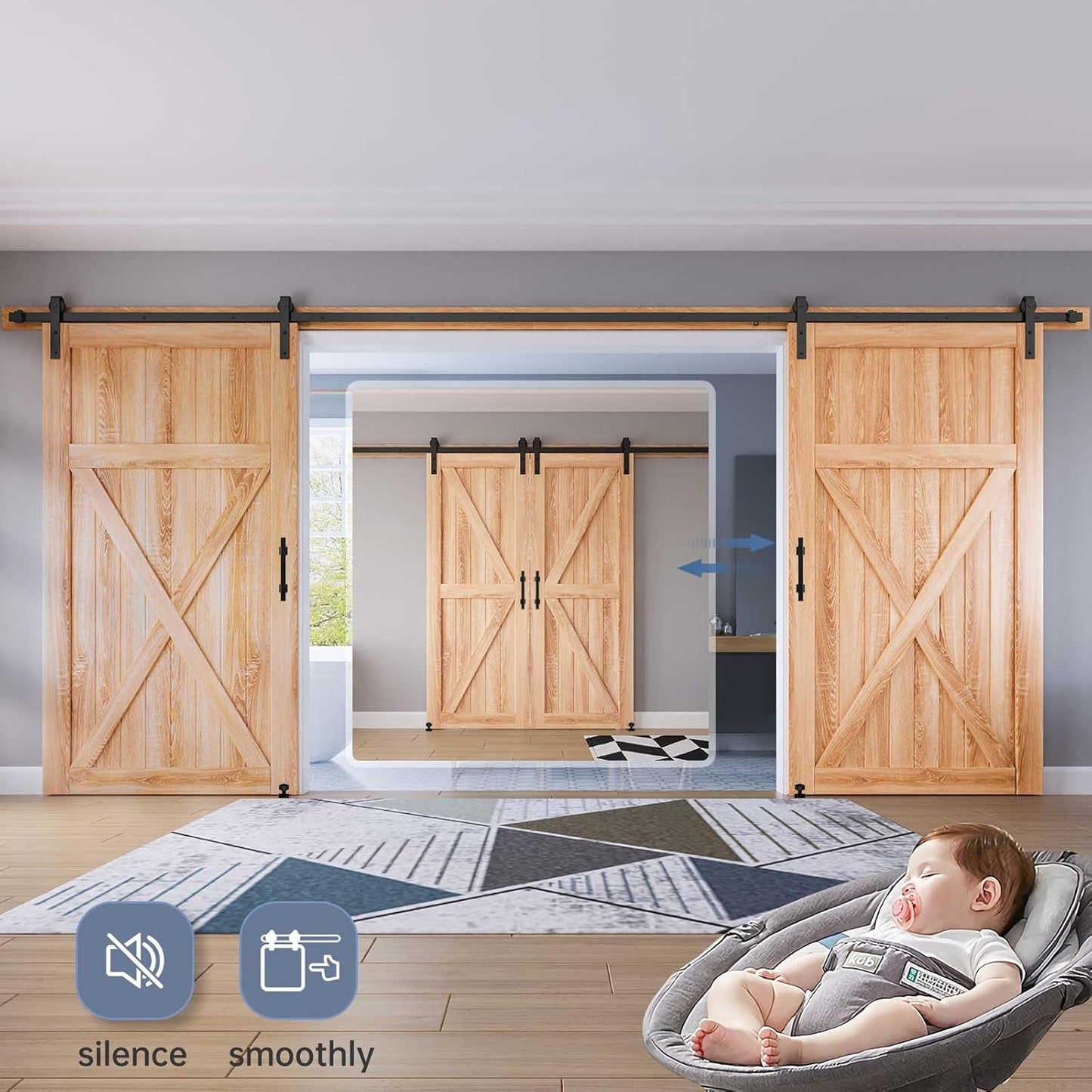 16FT Double Sliding Barn Door Track and Handle Hardware Kit - Heavy Duty J Pulley, Smooth and Quiet Slide, Easy Installation - Fits 44" to 48" Wide Doors