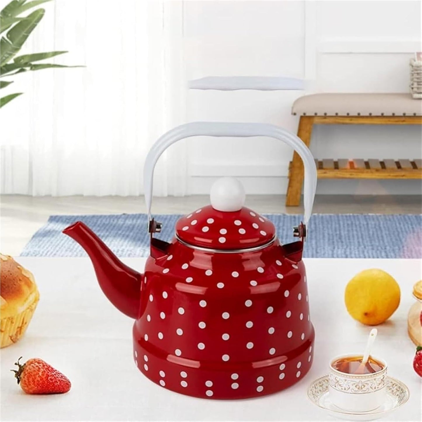 1.6L Retro Red Enamel Teakettle with White Polka Dots - Stylish Stovetop Kettle for Tea & Coffee Enthusiasts