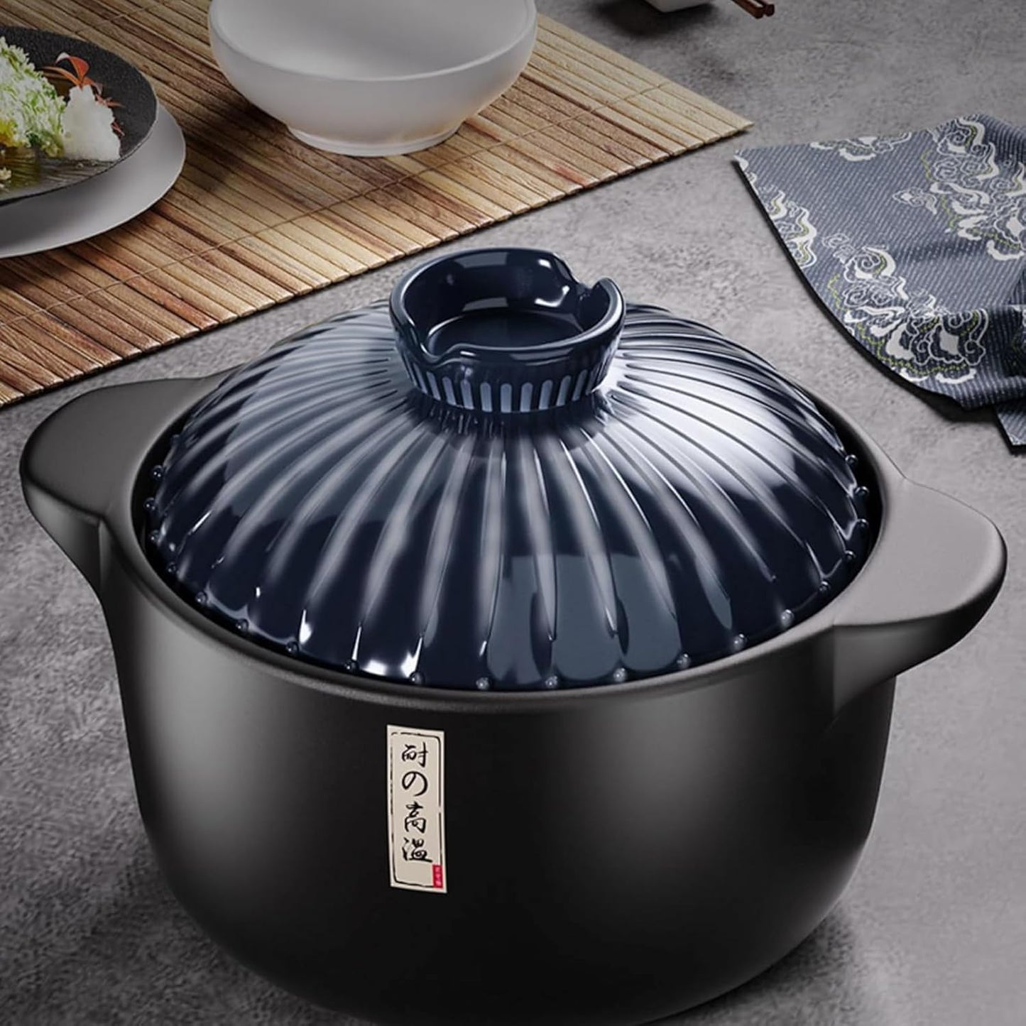 1.7 Quart Japanese Ceramic Soup Pot with Heat-Resistant Lid - Stovetop Cookware for Easy Cleaning - Blue Clay Pot for Cooking
