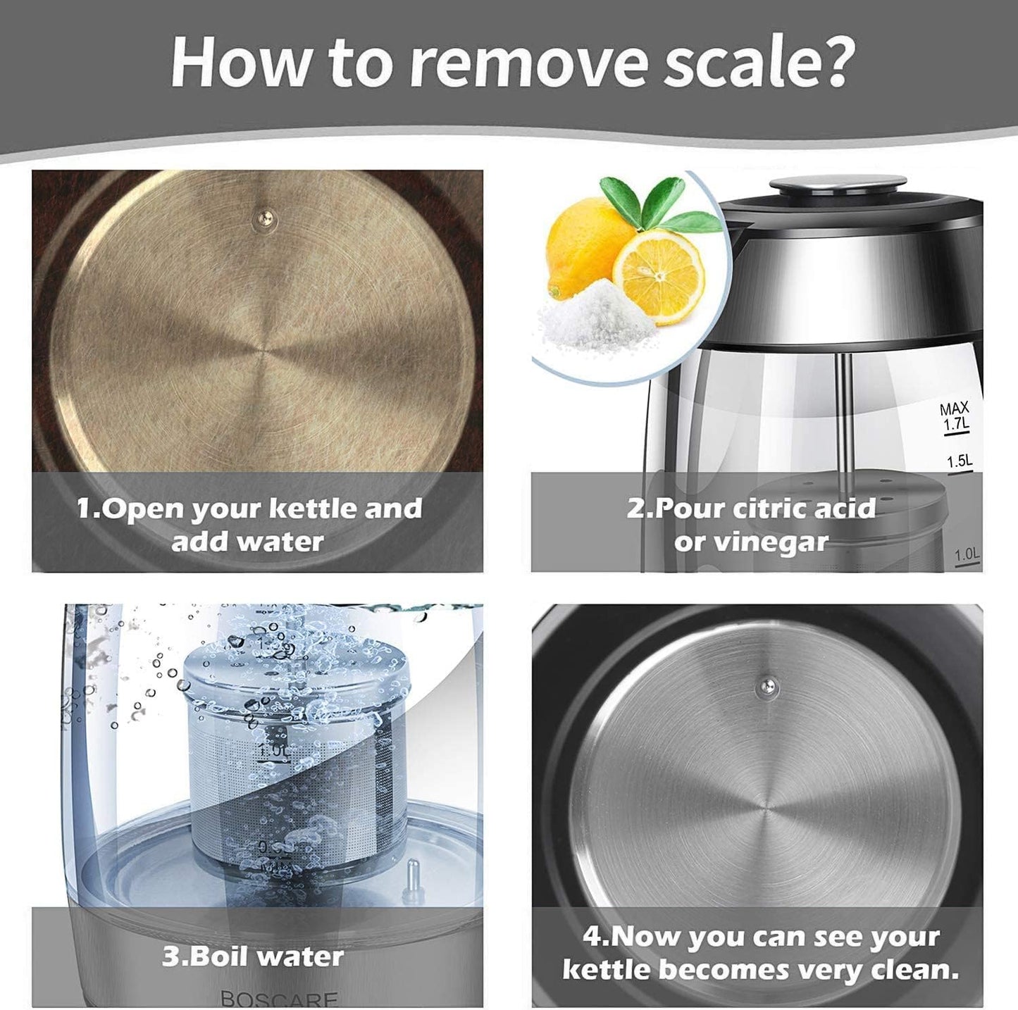 1.7L Fangflower Electric Glass Kettle with 1500W Fast Boiling and 5 Presets LED Lights