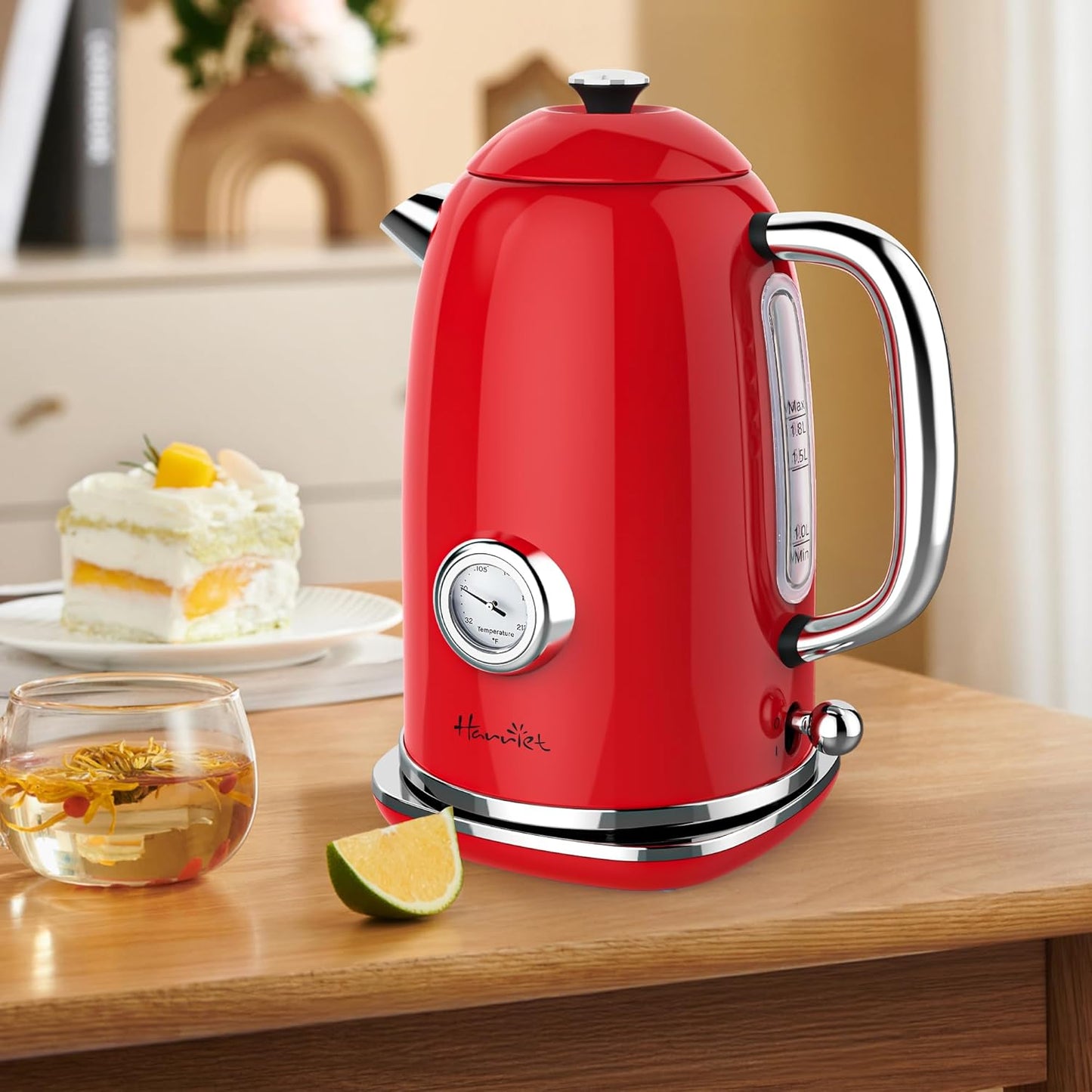 1.8L Stainless Steel Electric Kettle with Thermometer, LED Indicator, Auto Shut-Off - Red