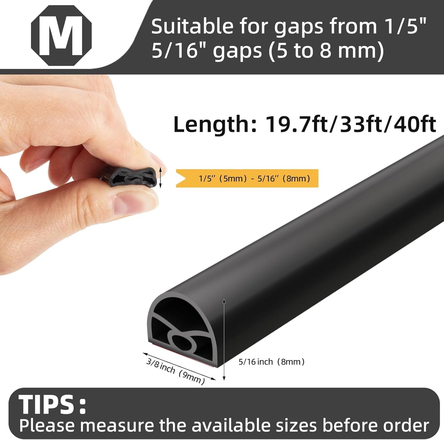 19.7 Feet Self-Adhesive Rubber Door Seal Strip for Weatherproofing and Soundproofing - Black