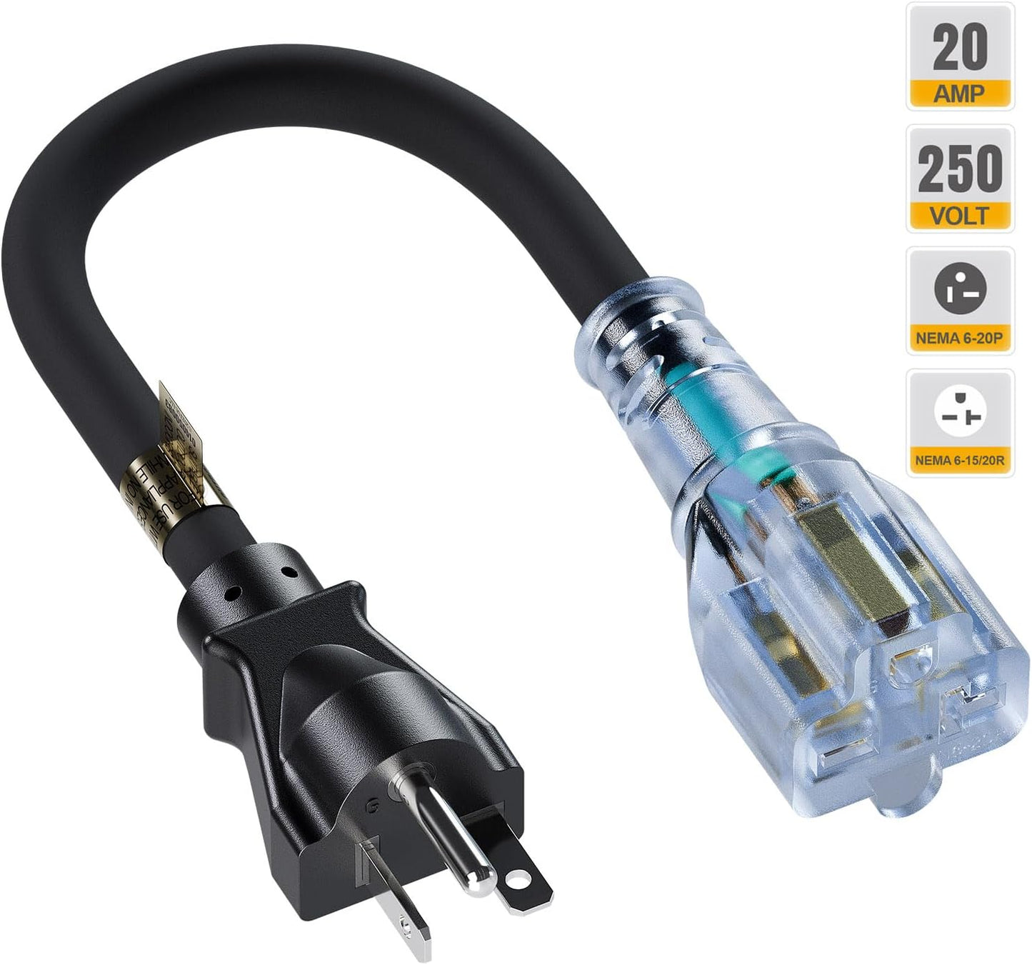 1FT Nema 6-20P to 6-20R Extension Cord - 20A 250V Heavy Duty Cable with Red Indicator Light - Ideal for Air Conditioner