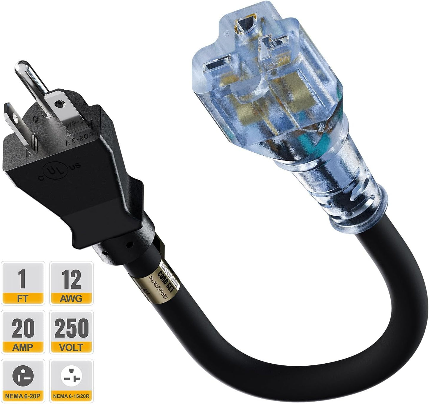 1FT Nema 6-20P to 6-20R Extension Cord - 20A 250V Heavy Duty Cable with Red Indicator Light - Ideal for Air Conditioner