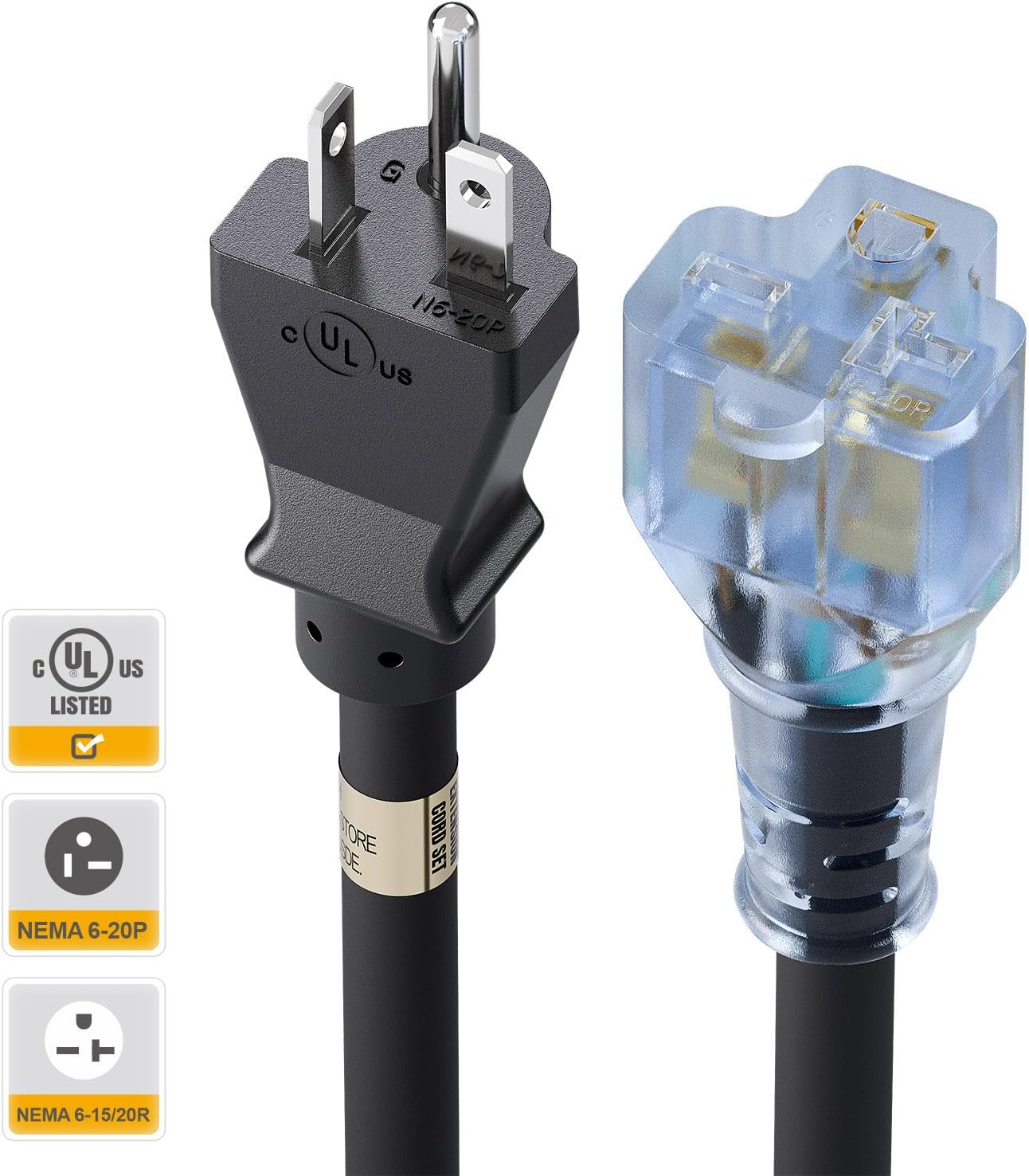 1FT Nema 6-20P to 6-20R Extension Cord - 20A 250V Heavy Duty Cable with Red Indicator Light - Ideal for Air Conditioner