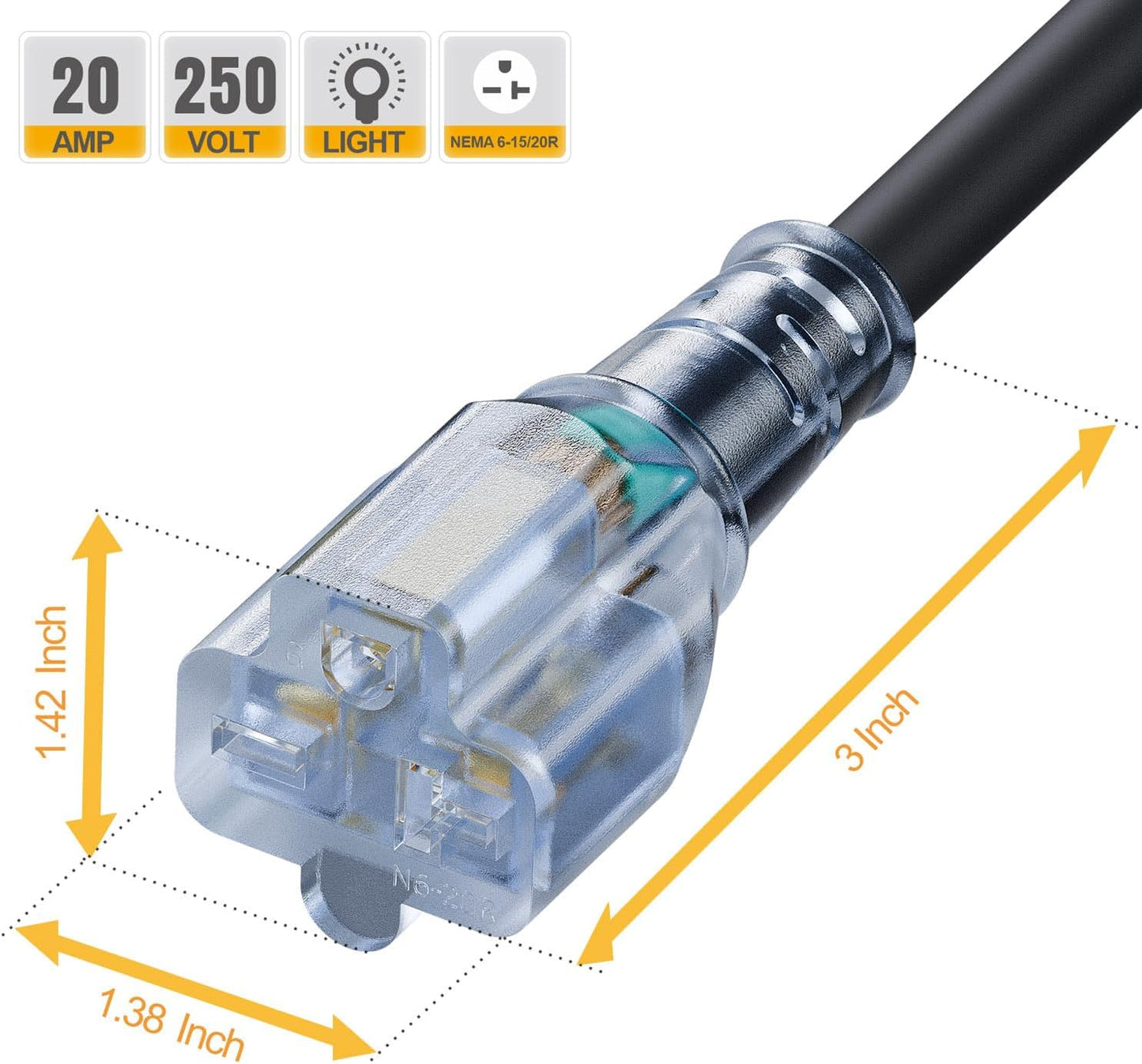 1FT Nema 6-20P to 6-20R Extension Cord - 20A 250V Heavy Duty Cable with Red Indicator Light - Ideal for Air Conditioner