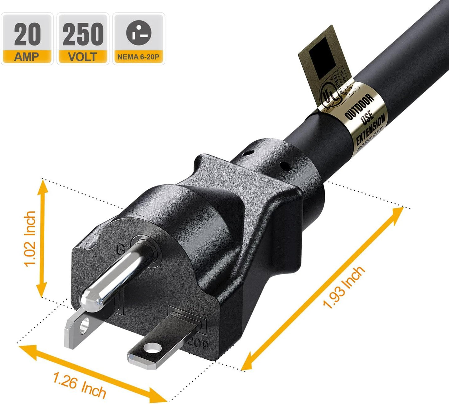 1FT Nema 6-20P to 6-20R Extension Cord - 20A 250V Heavy Duty Cable with Red Indicator Light - Ideal for Air Conditioner