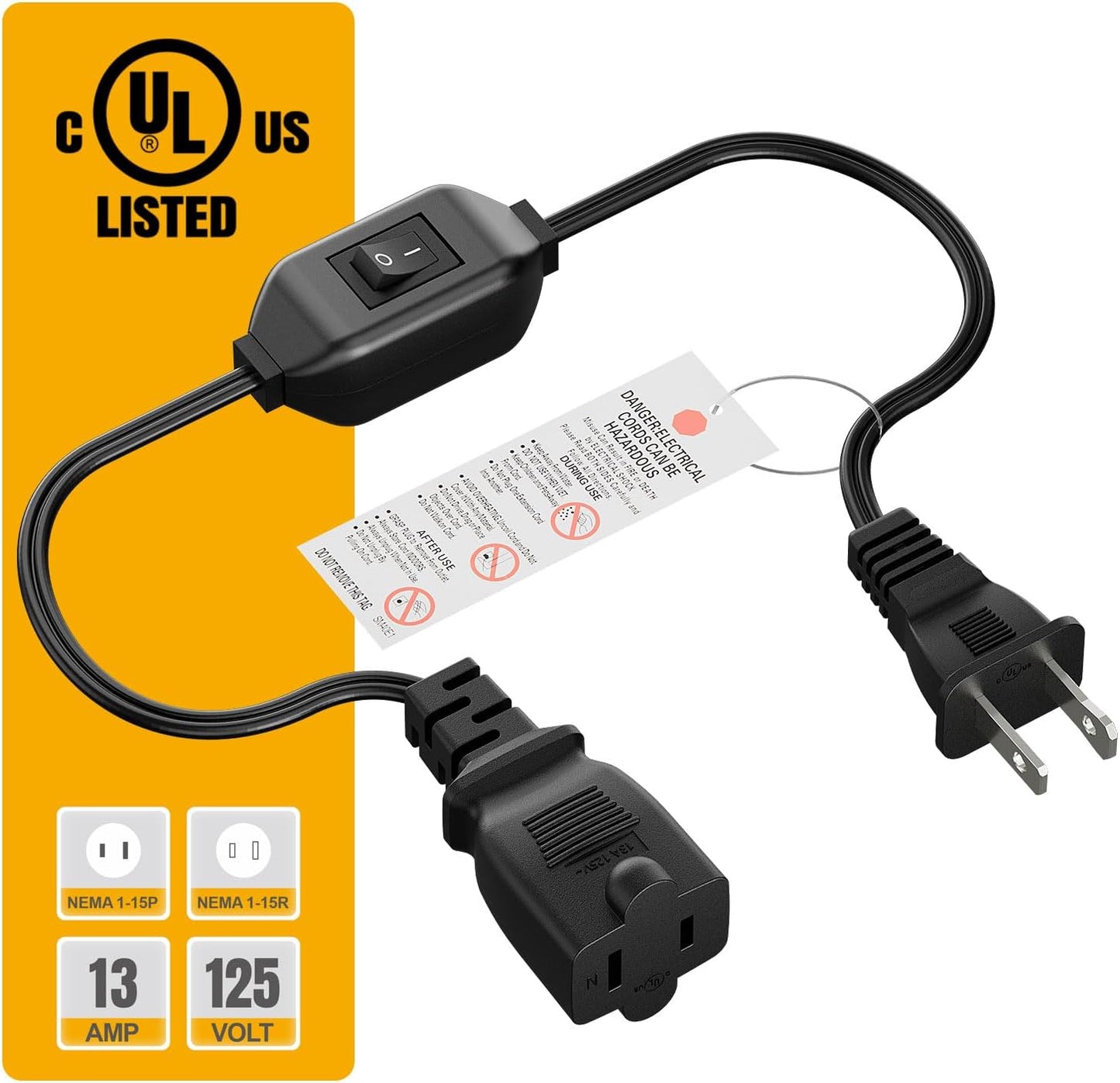 2-Foot Plugrand On Off Switch Extension Cord - 2-Prong Polarized 12A/125V with 16AWG Cord for Chargers, Lamps, Power Adapters