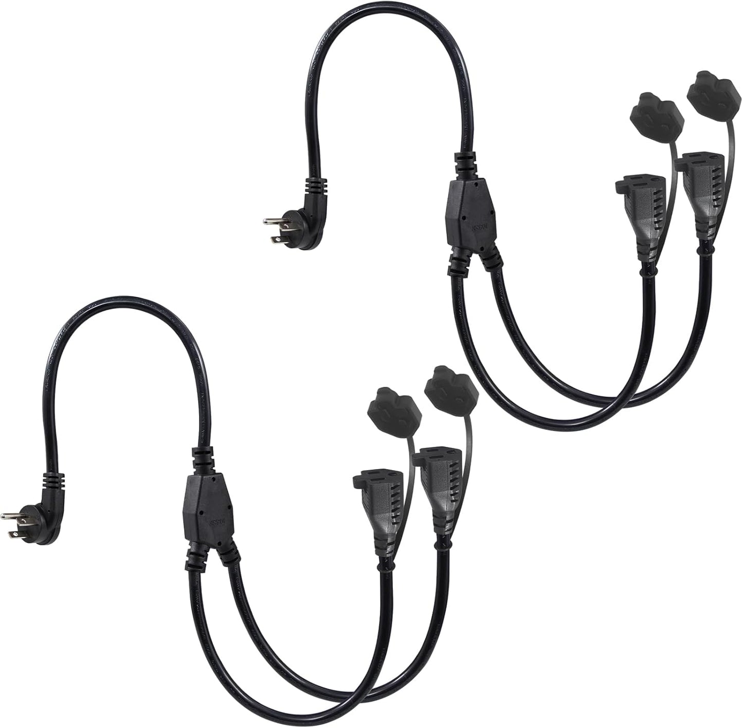 2-Pack 2FT Black Flat Wall Plug Outdoor Power Extension Cord with 2 Outlets - Y Splitter Waterproof 3 Prong Extension Cord, 125V 13A 16AWG