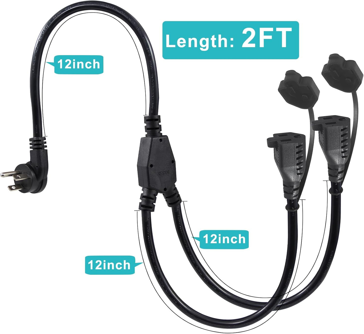 2-Pack 2FT Black Flat Wall Plug Outdoor Power Extension Cord with 2 Outlets - Y Splitter Waterproof 3 Prong Extension Cord, 125V 13A 16AWG