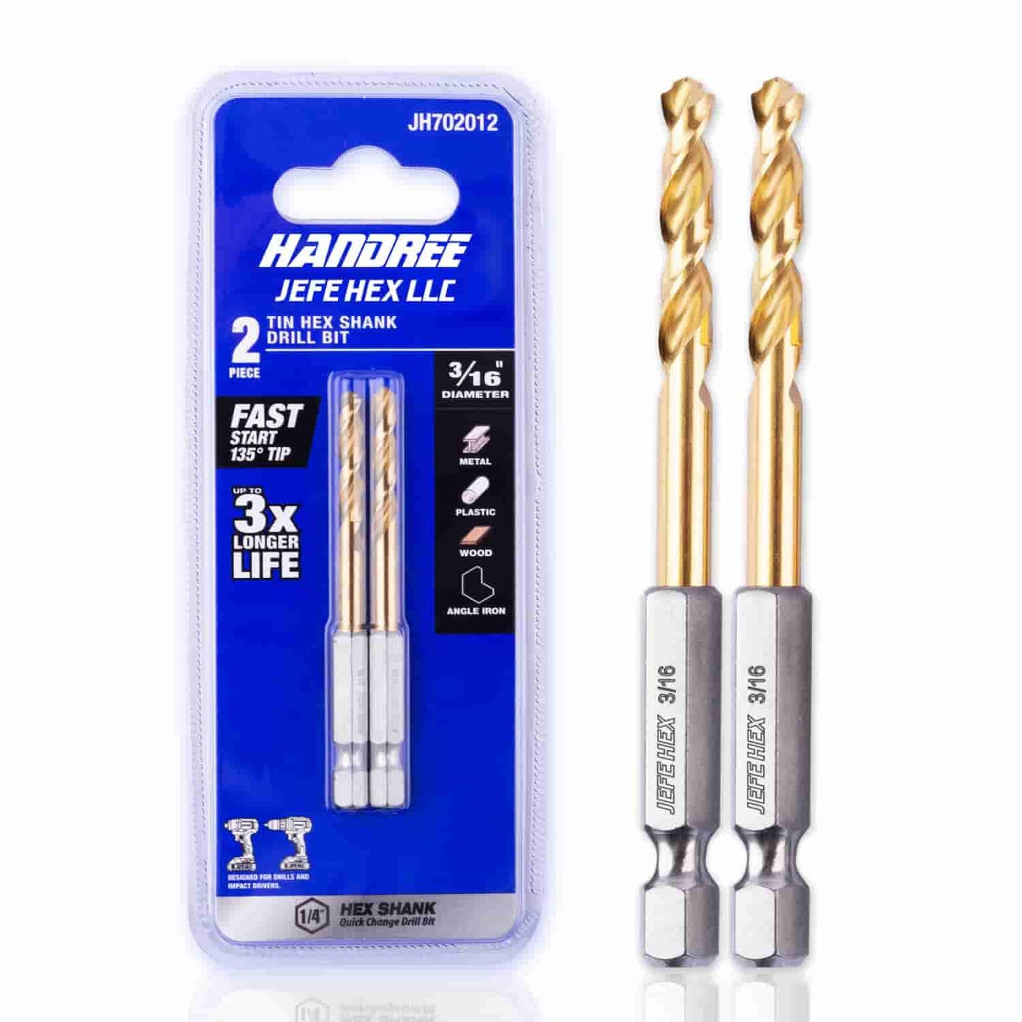 2-Pack 3/16" HSS Hex Shank Twist Drill Bits with 135 Degree Split Point for Steel, Copper, Aluminum, Wood, Plastic - Quick Change