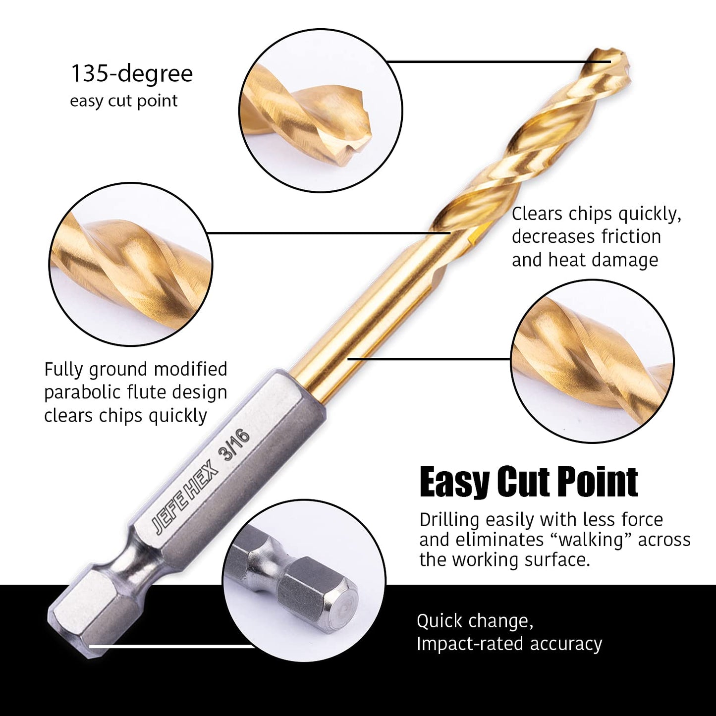 2-Pack 3/16" HSS Hex Shank Twist Drill Bits with 135 Degree Split Point for Steel, Copper, Aluminum, Wood, Plastic - Quick Change