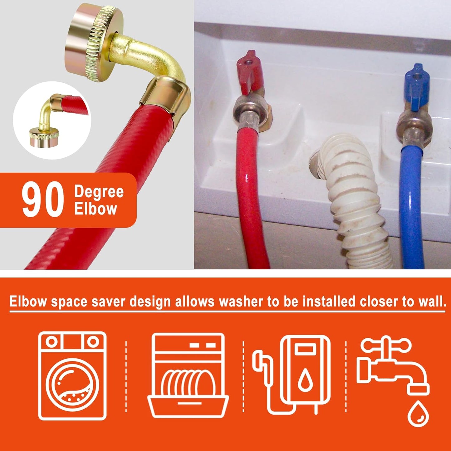 2 Pack 4 FT Rubber Washing Machine Hoses with 90 Degree Elbows - No-Lead Burst-proof Hot/Cold Water Supply Hoses for Washer by Fetechmate