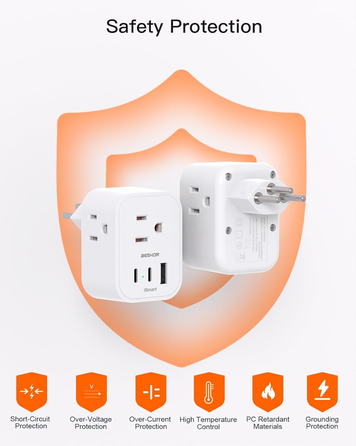 2 Pack BESHON Type J Power Adapter with 3 Outlets, 3 USB Ports for Travel to Switzerland, Rwanda, Liechtenstein - Travel Essentials from US