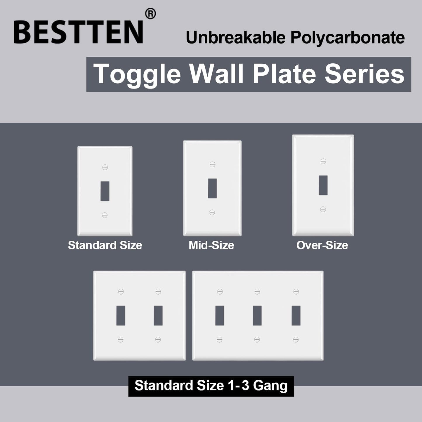 2-Pack Bestten Unbreakable Polycarbonate 2-Gang Toggle Wall Plate, White - Standard Size, UL Listed