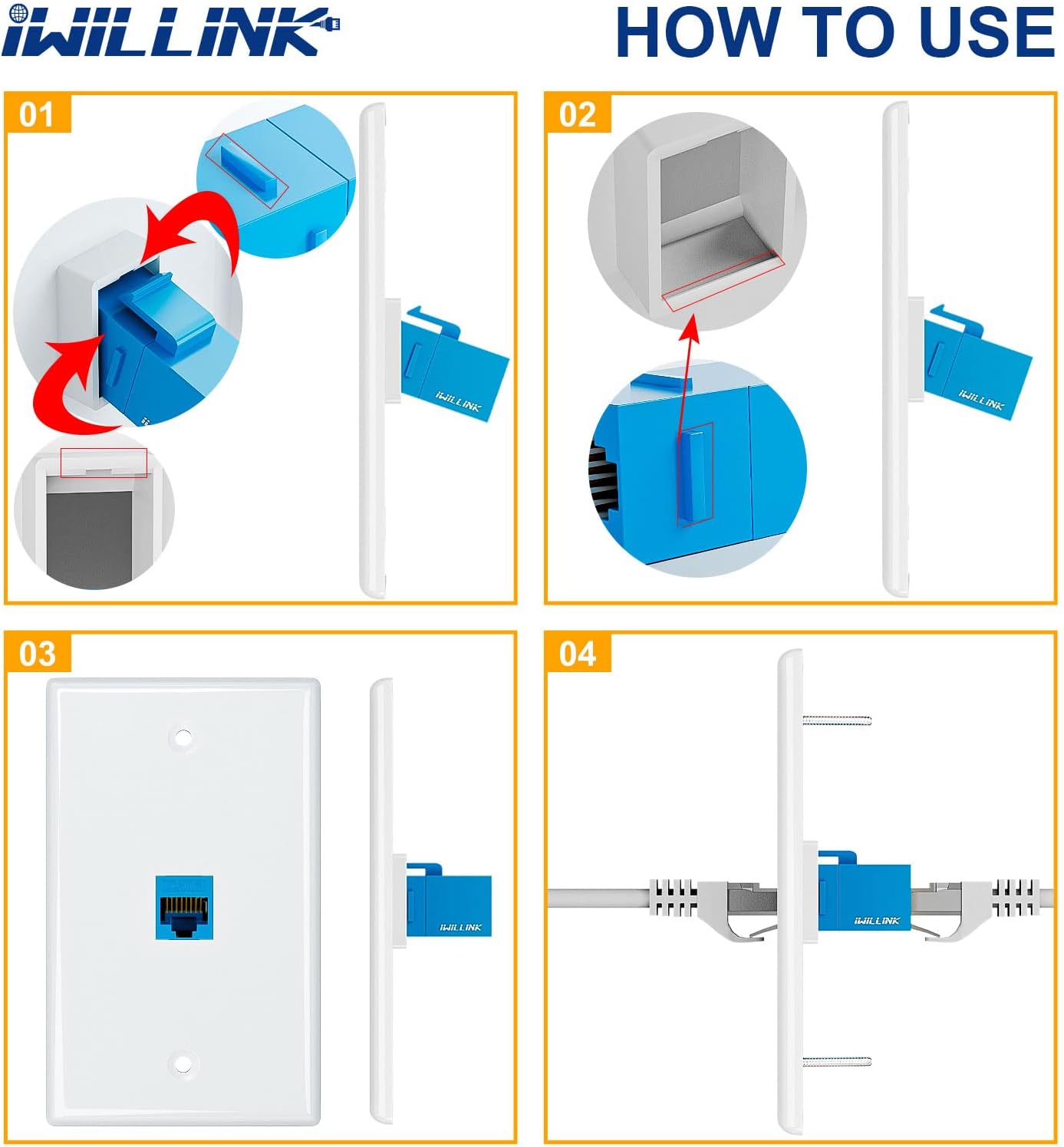 (2-Pack) Blue Cat6 Ethernet Wall Plate with 1-Port Keystone Jack and RJ45 Coupler - Female to Female Connectivity