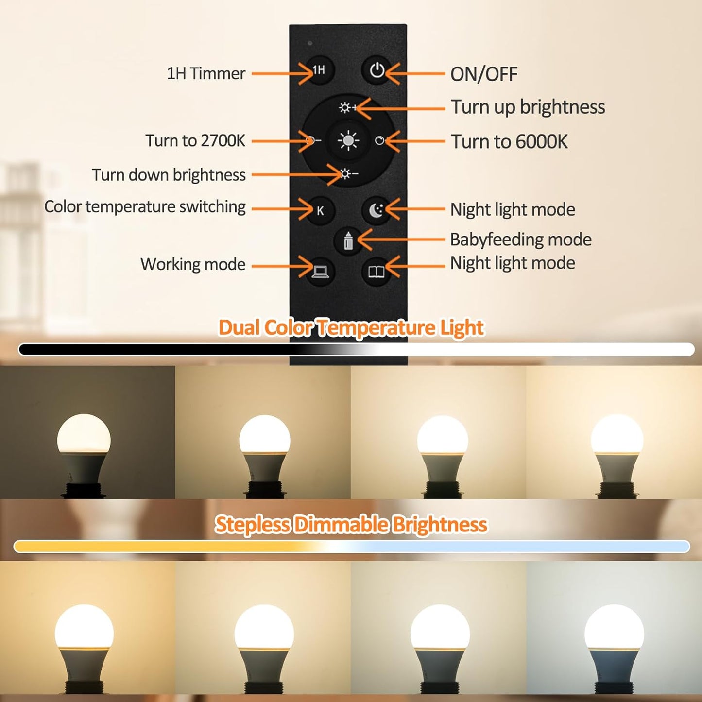 2-Pack Brilvibera Remote Control Dimmable LED Light Bulbs, A19 2700K-6000K, 805 LM, E26 Base, 25000+ Hours Lifespan - Ideal for Pendant, Table, Floor Lamps