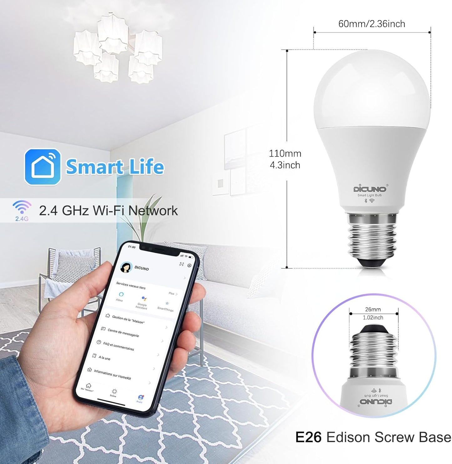 2 Pack DiCUNO Smart Wi-Fi Bluetooth LED Light Bulbs, Multi Colors Changing RGBCW Dimmable, Works with Alexa & Home Assistant, No Hub Needed, A19 E26 9W 800LM 2.4Ghz