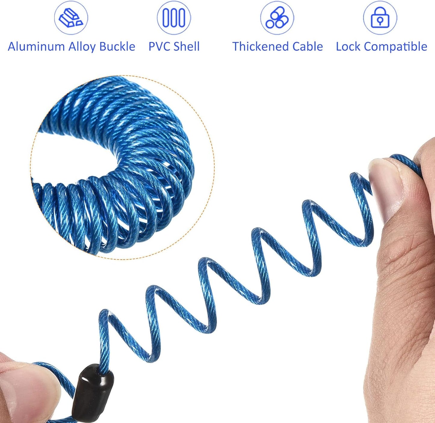 2 Pack Disc Lock Security Steel Cable with Plastic Coated Spring Reminder Wire for Outdoor Protection - Blue, 2.5mmx1m