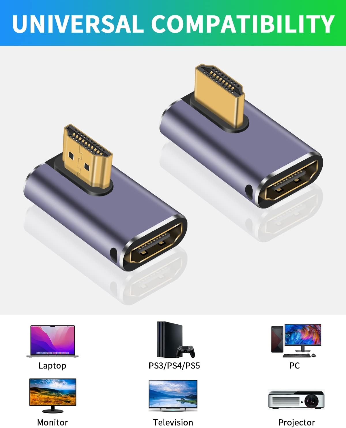 2 Pack Duttek 8K 90 Degree HDMI Adapter, Male to Female Extender Connector for HDTVs, PC, Laptop - 48Gbps, UHD HDMI 2.1, 8K@60Hz, 4K@120Hz
