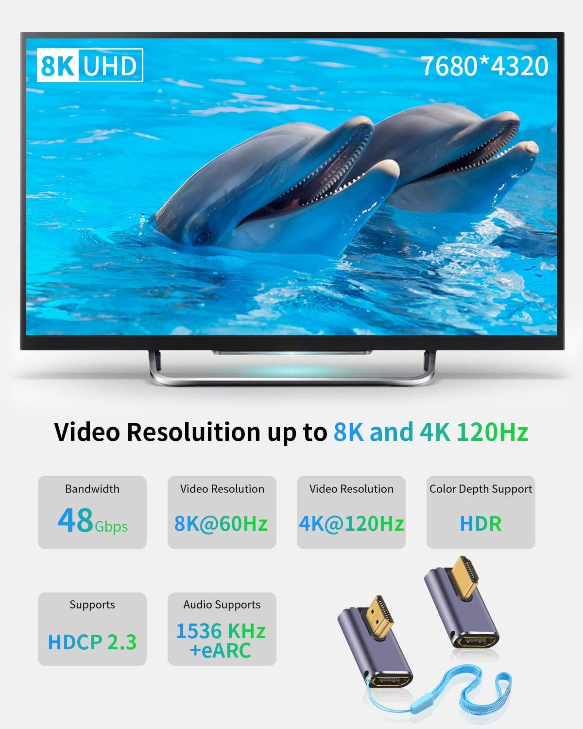 2 Pack Duttek 8K 90 Degree HDMI Adapter, Male to Female Extender Connector for HDTVs, PC, Laptop - 48Gbps, UHD HDMI 2.1, 8K@60Hz, 4K@120Hz