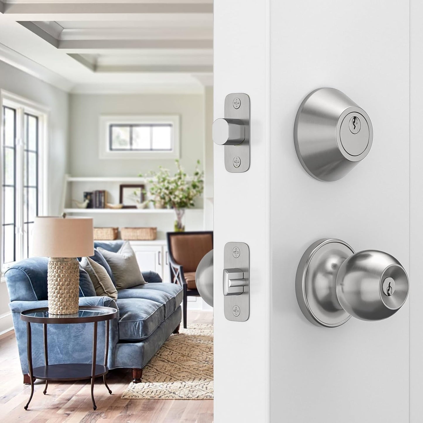 2 Pack Entry Door Knob and Deadbolt Lock Set - Keyed Alike Exterior Door Locksets for Entrance/Front Door - Satin Nickel