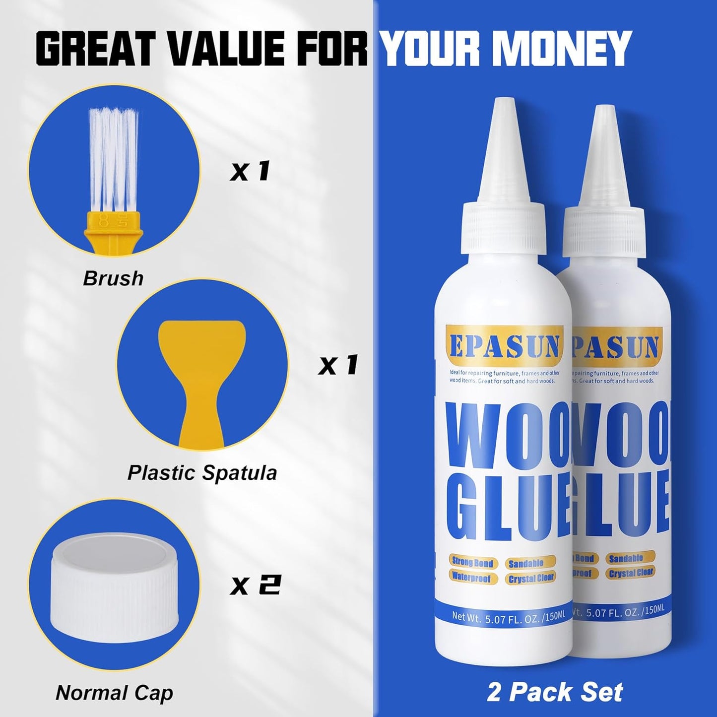 2 Pack EPASUN Wood Glue - Strongest Waterproof Furniture Repair Adhesive for Indoor/Outdoor Use - 150g (Clear)
