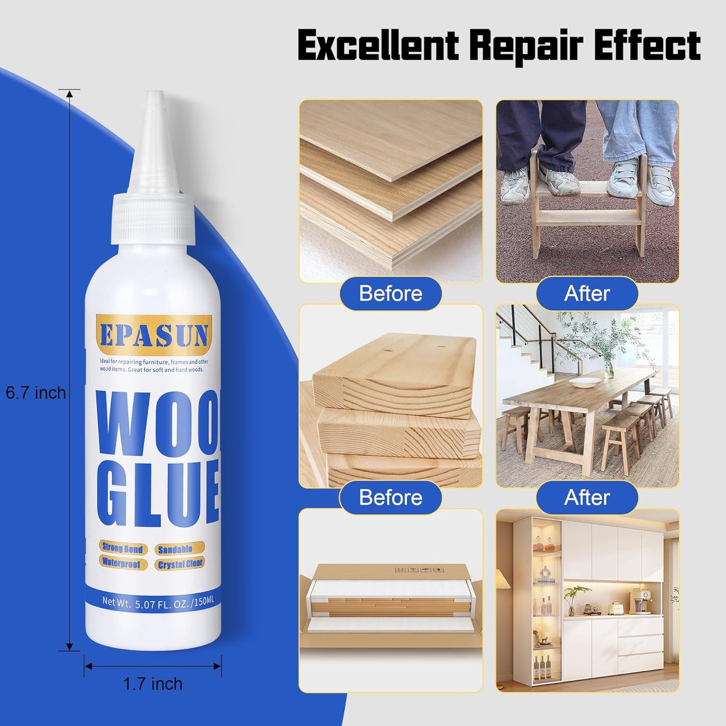 2 Pack EPASUN Wood Glue - Strongest Waterproof Furniture Repair Adhesive for Indoor/Outdoor Use - 150g (Clear)