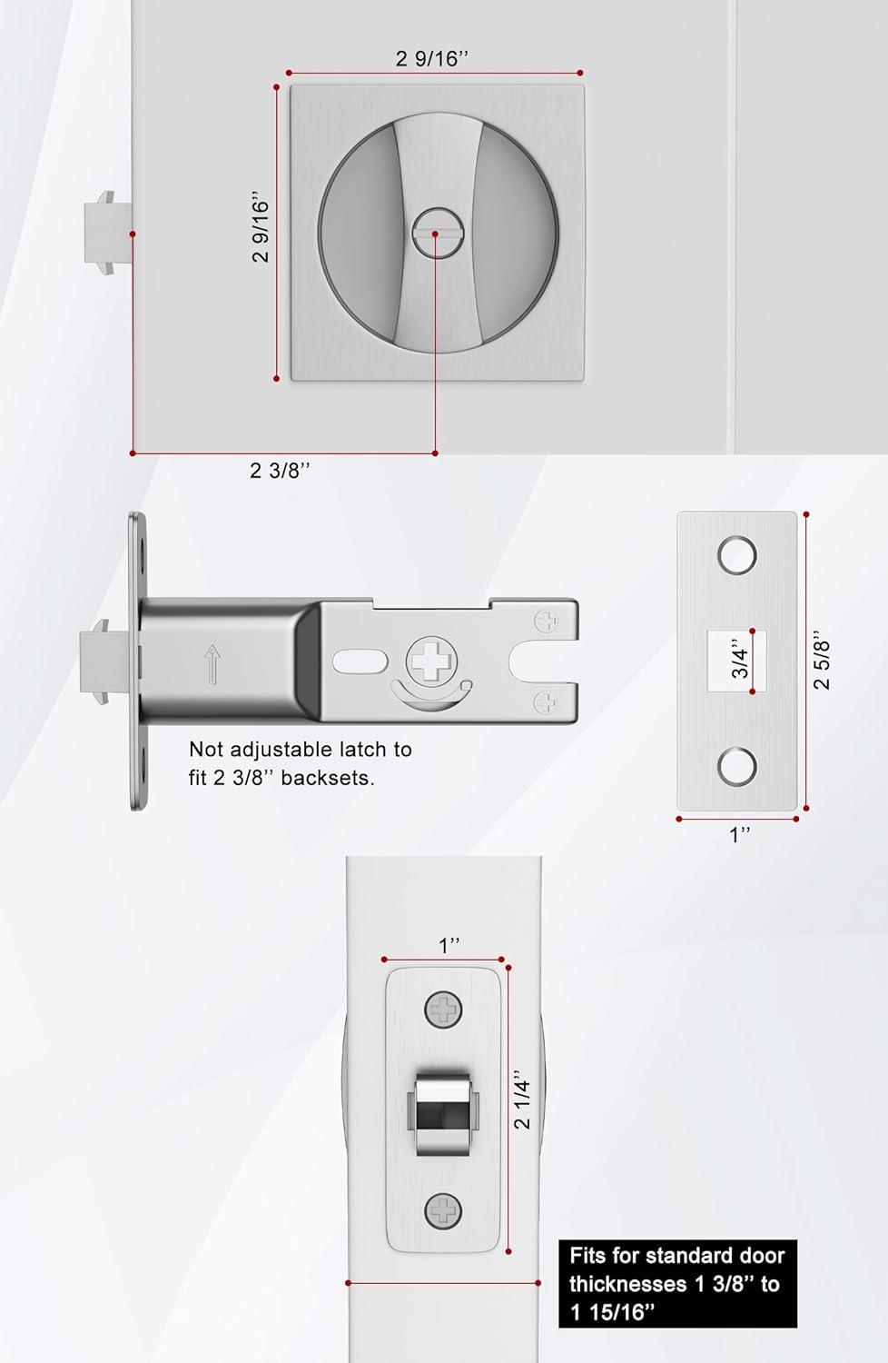 2 Pack goldenwarm Satin Nickel Privacy Square Pocket Door Locks - Commercial Grade Bed/Bath Pocket Door Hardware - 2-3/8" Backset Flush Locks