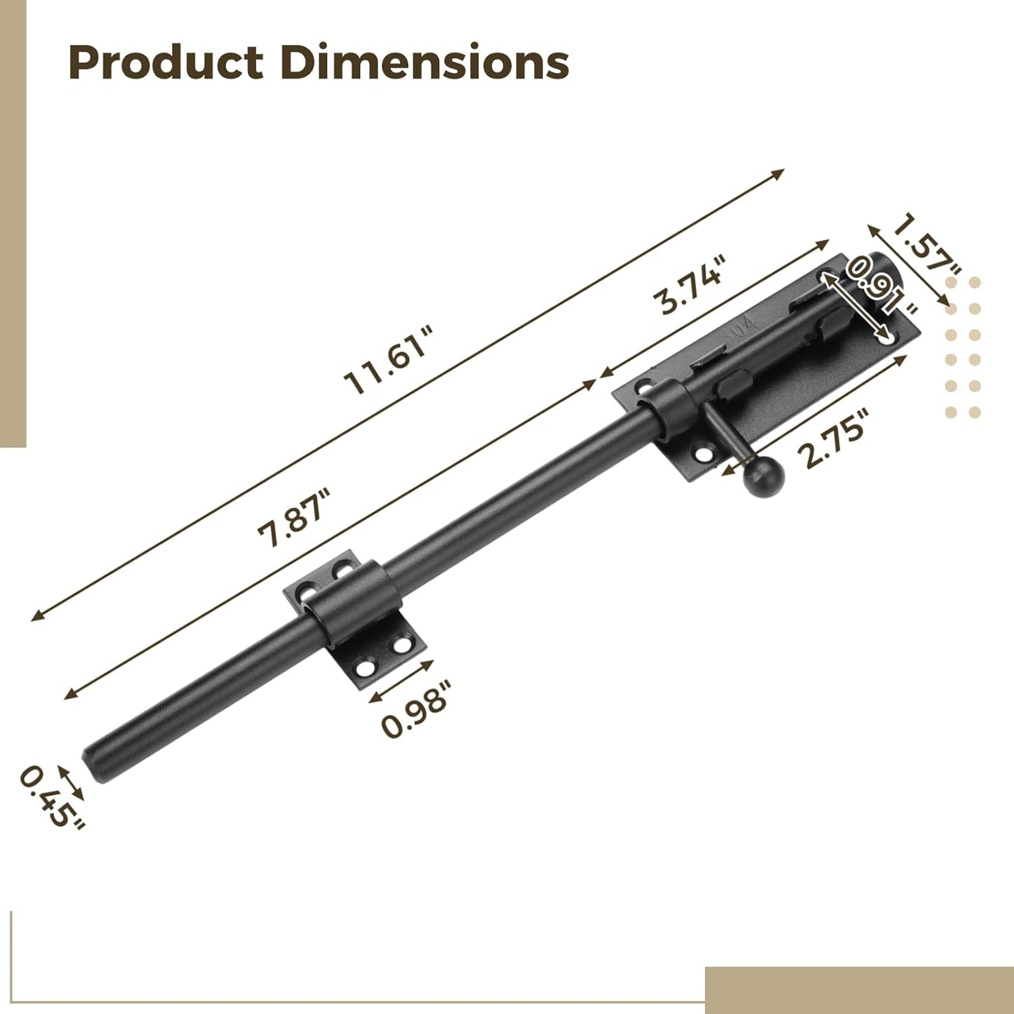 2 Pack Heavy-Duty 12" Slide Bolt Latches in 304 Stainless Steel with Padlock Hole - Matte Black Barrel Bolt Locks for Gates, Barns, Fences